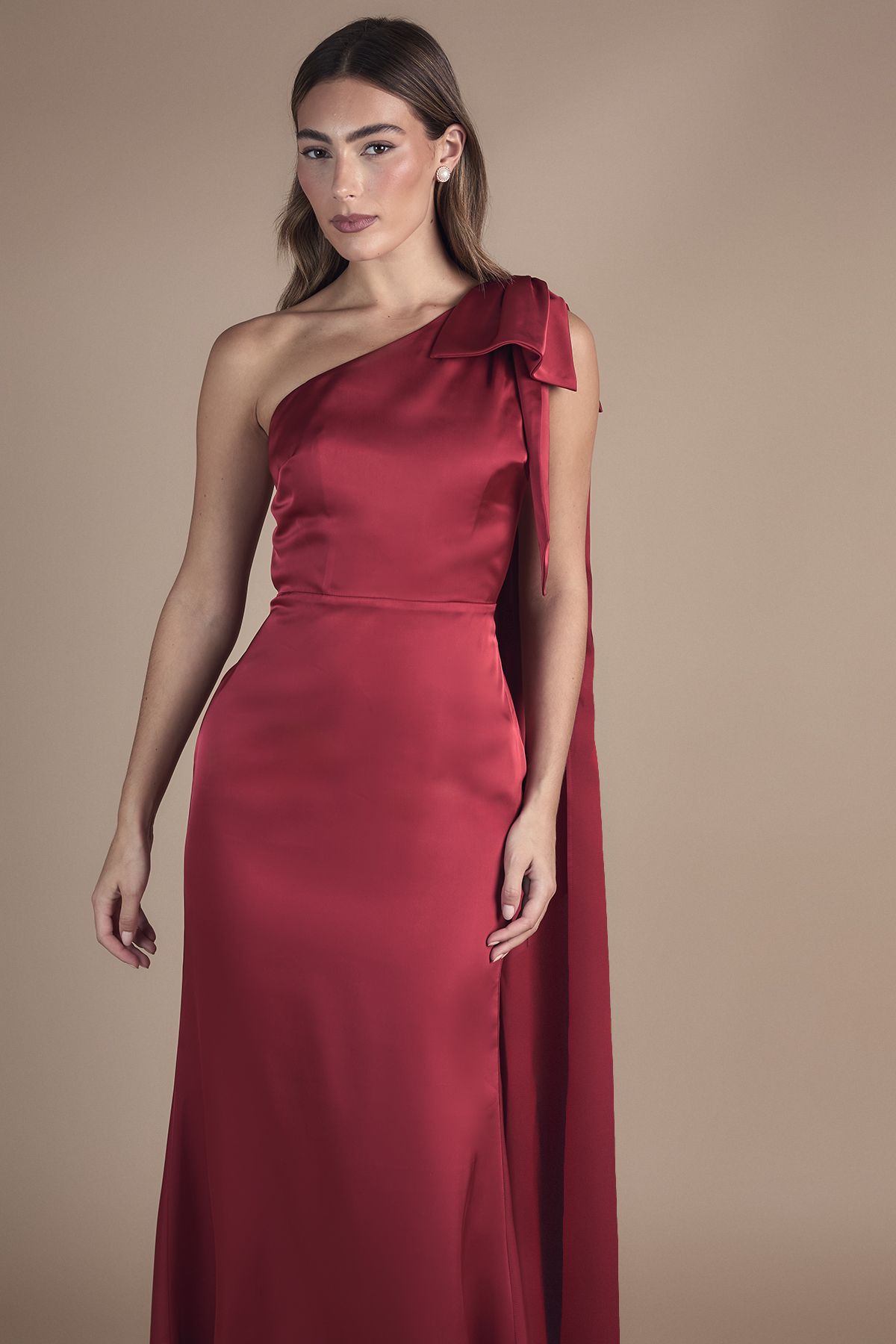 Coast Bow And Drape Detail One Shoulder Satin Bridesmaid Dress Red image 4