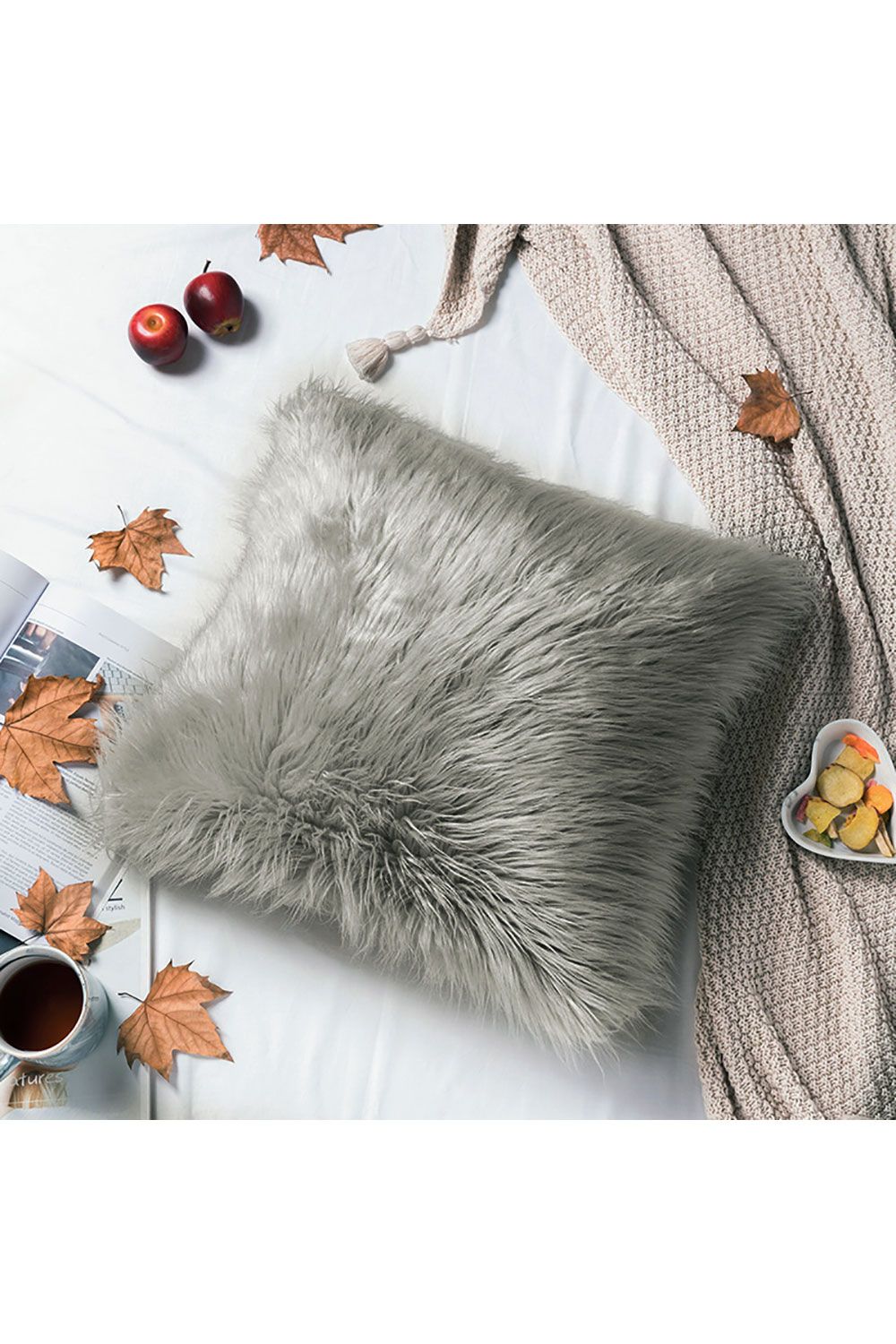 Living and Home 45*45cm Fluffy Faux Wool Grey Cushion Cover image 4