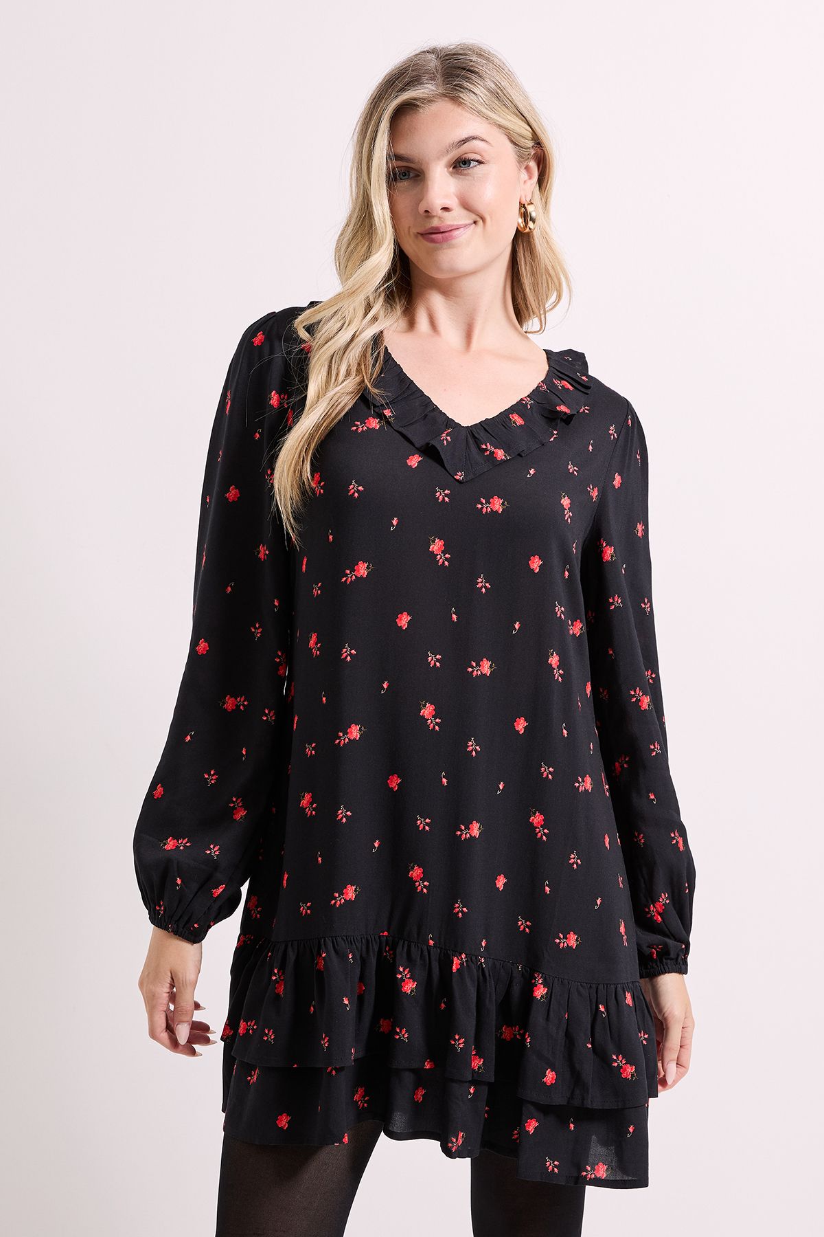 Dorothy Perkins Ditsy Floral Collar Detail Blouson Sleeve Tiered Mini Dress Floral image 2