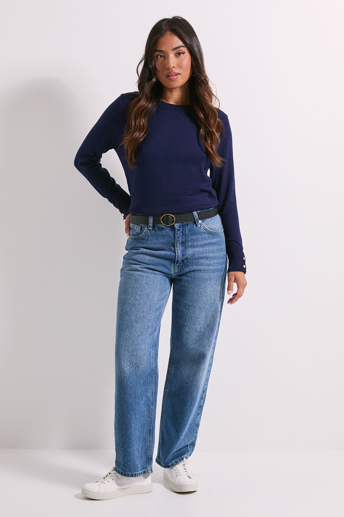 Dorothy Perkins Petite Navy Crew Neck Button Cuff Jumper Navy image 2