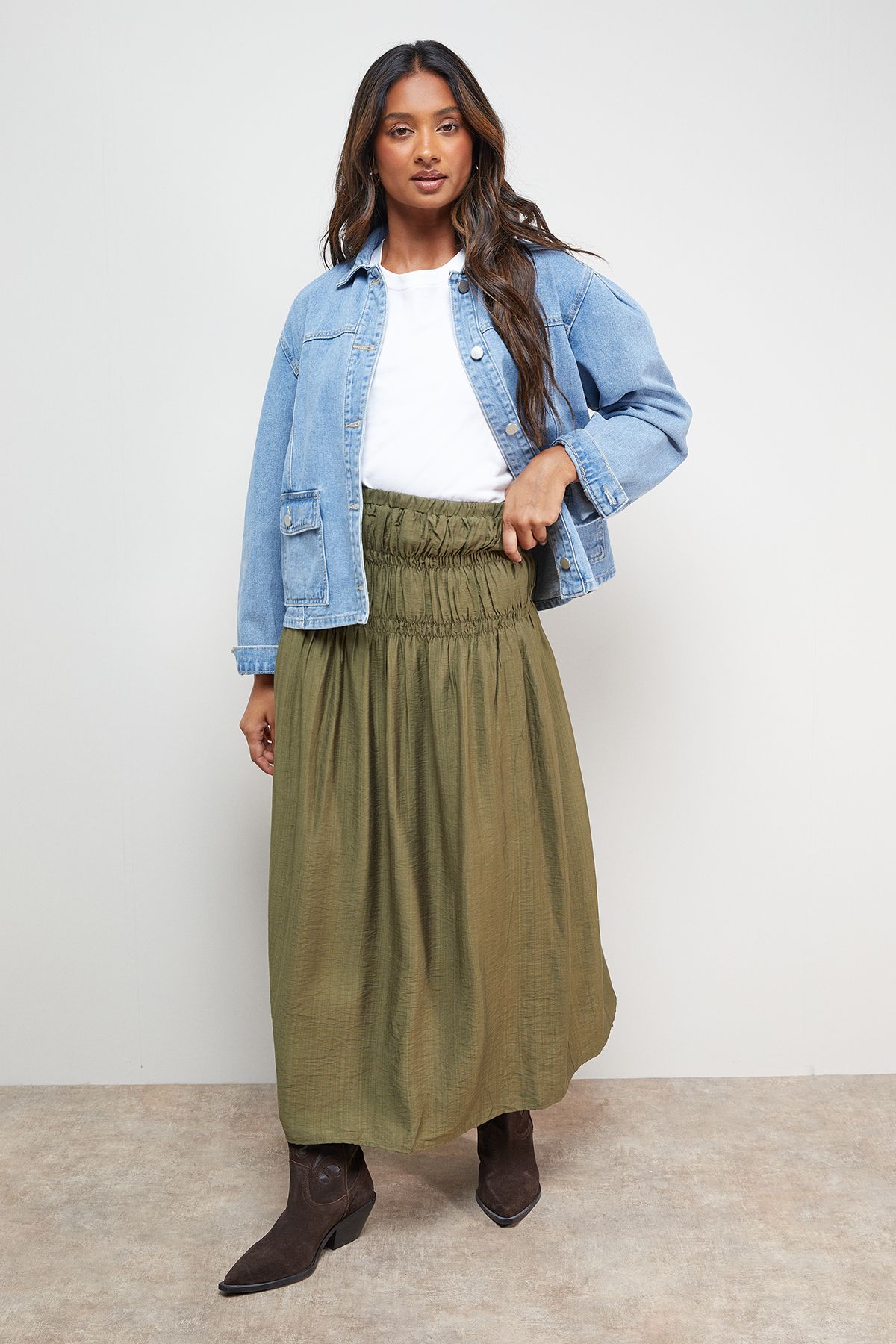 Oasis Shirred Waist Midi Skirt Khaki image 1
