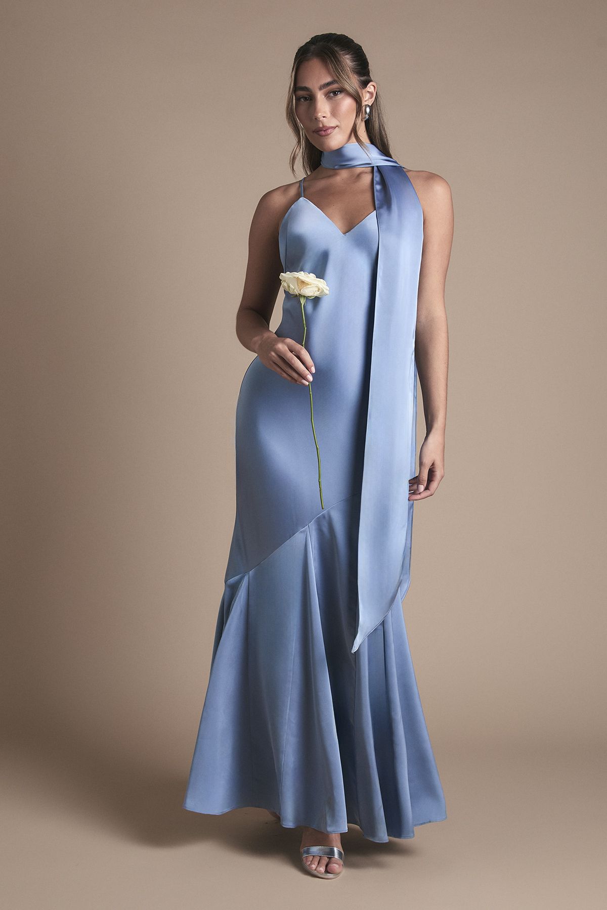 Oasis Satin Scarf Detail Strappy Maxi Bridesmaid Dress Dusty Blue image 1