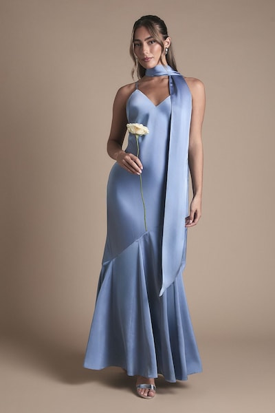 Oasis Satin Scarf Detail Strappy Maxi Bridesmaid Dress Dusty Blue