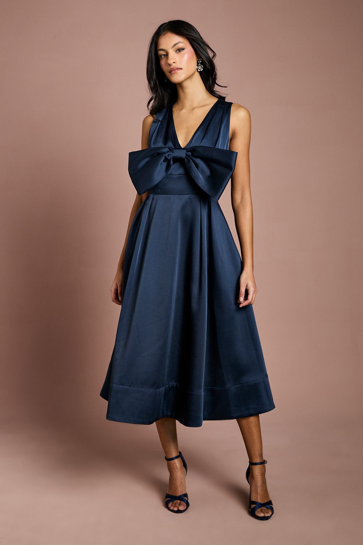 Coast Petite Satin Midi Dress With Bow Detail Navy image 1