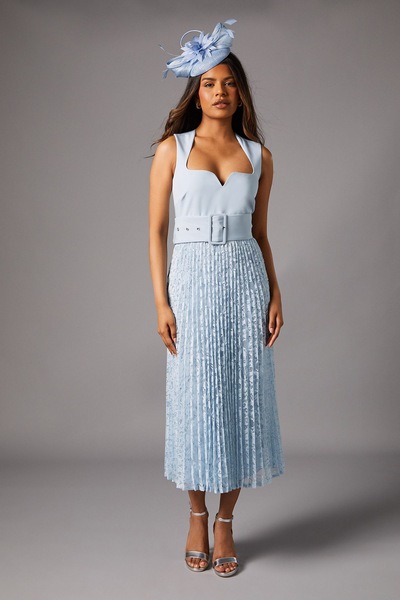 Coast Petite Notch Neck Pleated Lace Skirt Midi Dress Light Blue