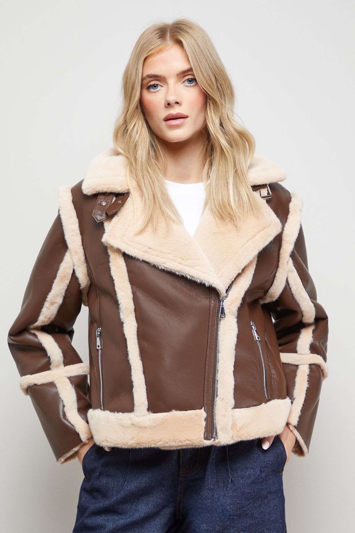 Oasis Shearling PU Aviator Jacket Chocolate image 2