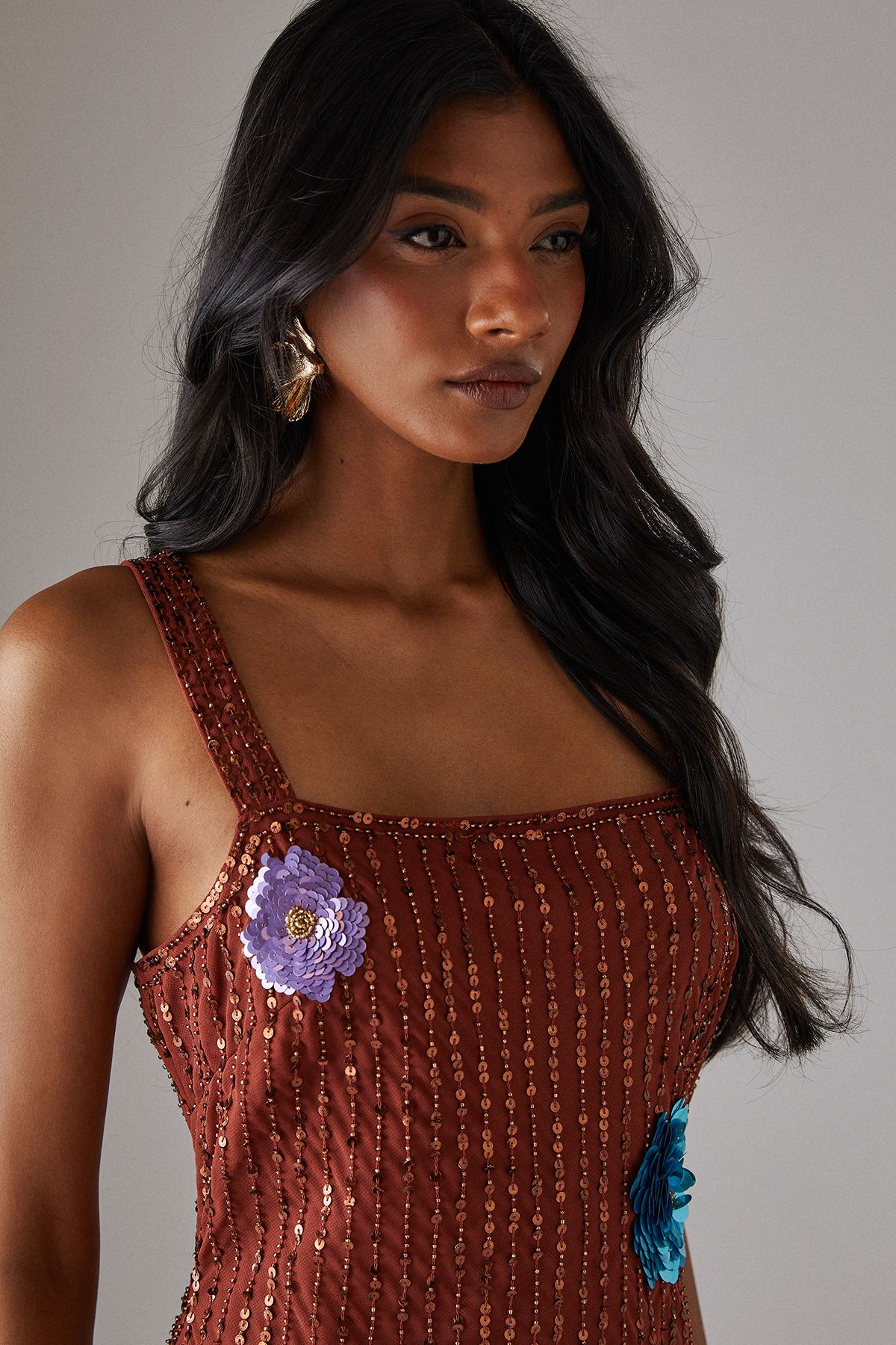 Warehouse Hand Embellished Flower Burst Strappy Sequin Slip Midi Dress Rust image 2