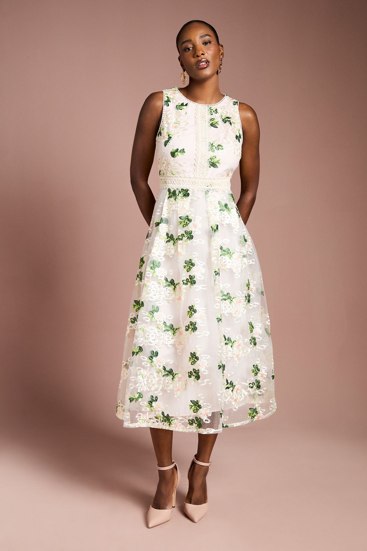 Coast Embroidered Mesh Lace Trim Full Skirted Midi Dress Blush