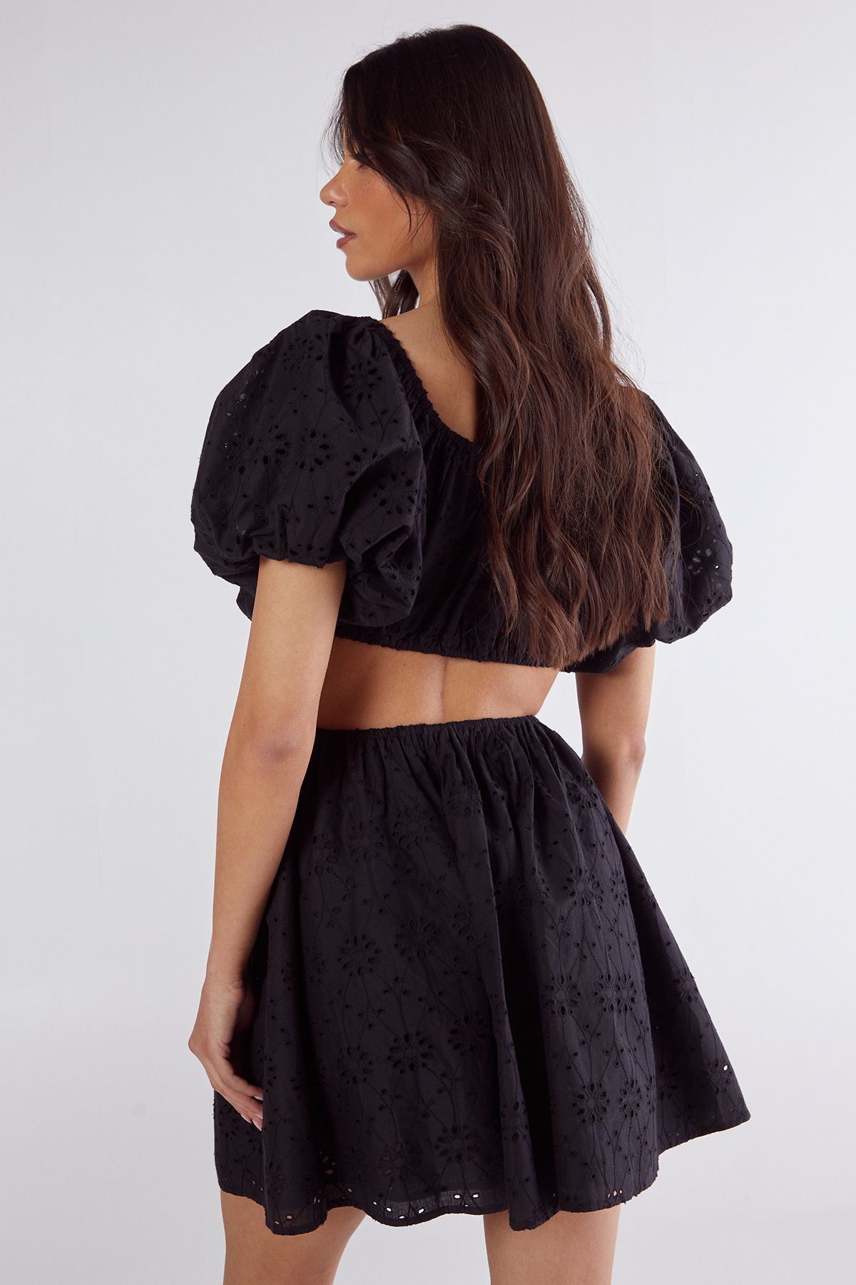 NastyGal Broderie Cut Out Tie Front Puff Sleeve Skater Dress Black image 4