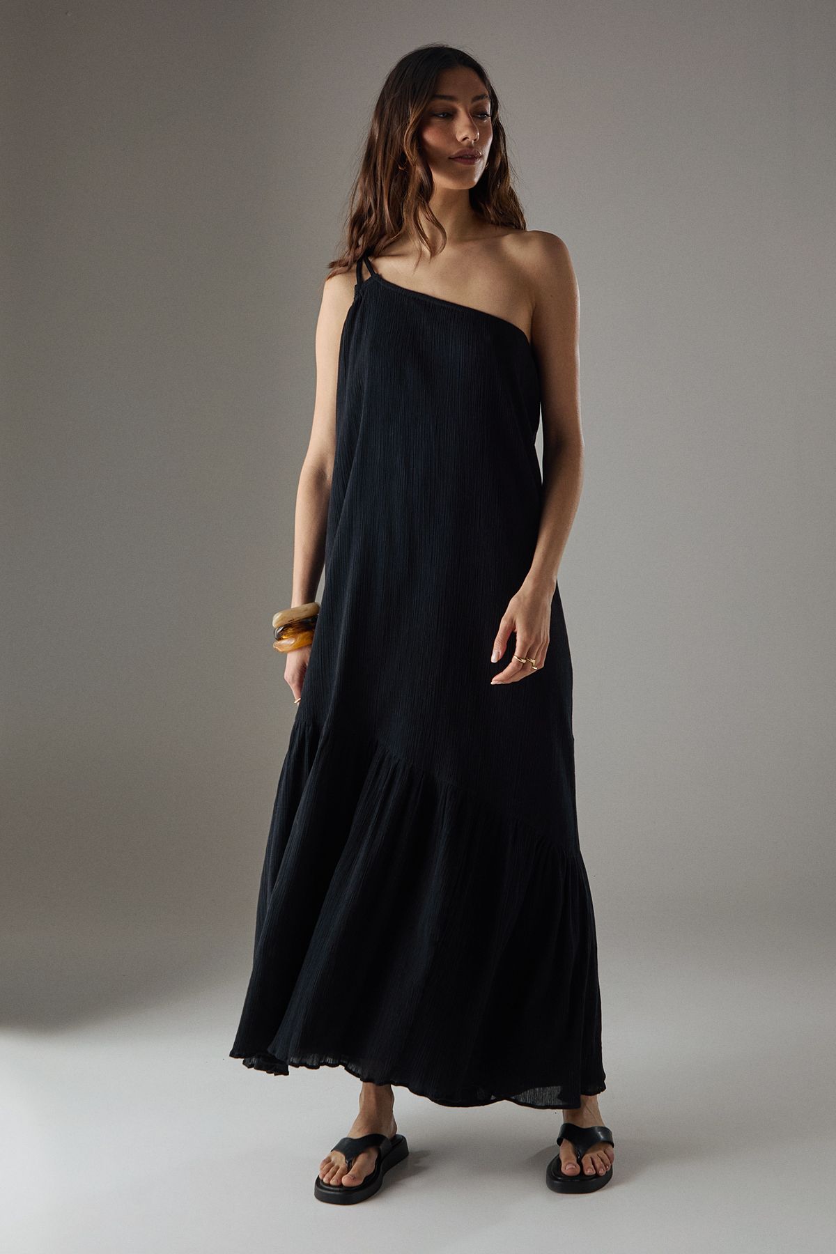 Warehouse Cheesecloth Double Strap One Shoulder Maxi Sundress Black image 1