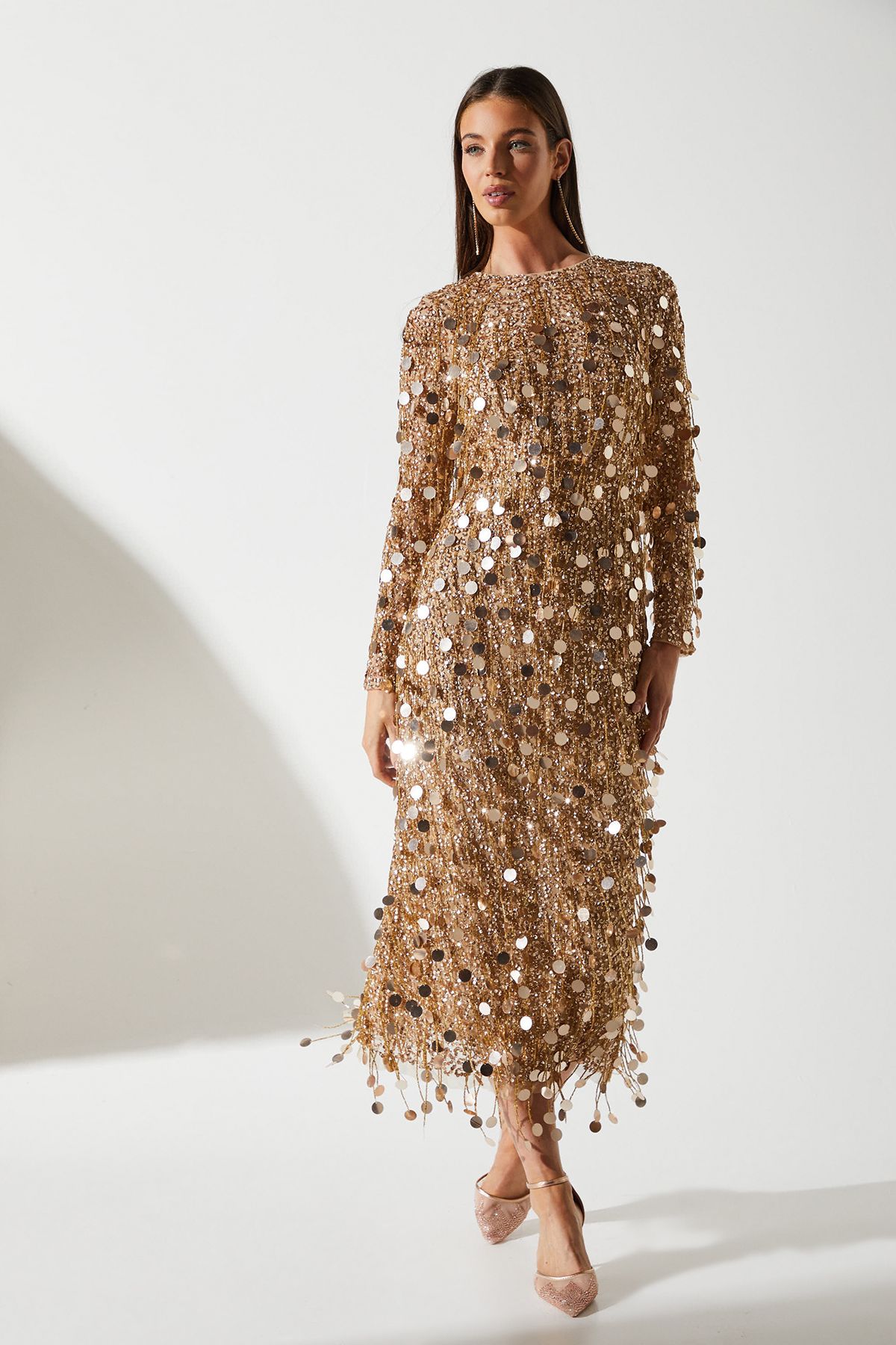 Gold Sequin Midi Dress With Sleeves Emmy Gold Sequin Stripe Midi Dress by Rixo London Gold Sequin Midi Dress With Sleeves Emmy Gold Sequin Stripe Midi Dress by Rixo London