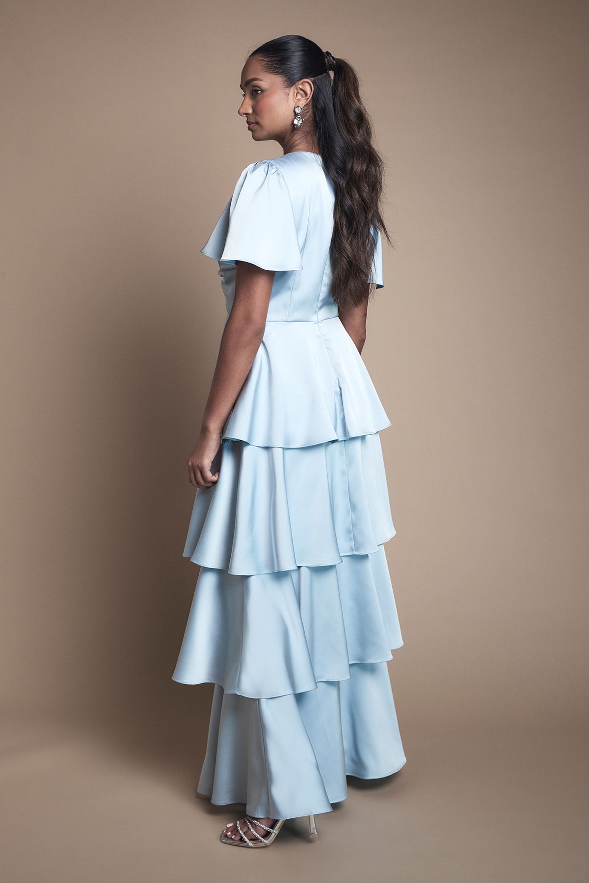 Oasis Satin Twist Front Tiered Bridesmaid Maxi Dress Light Blue image 3