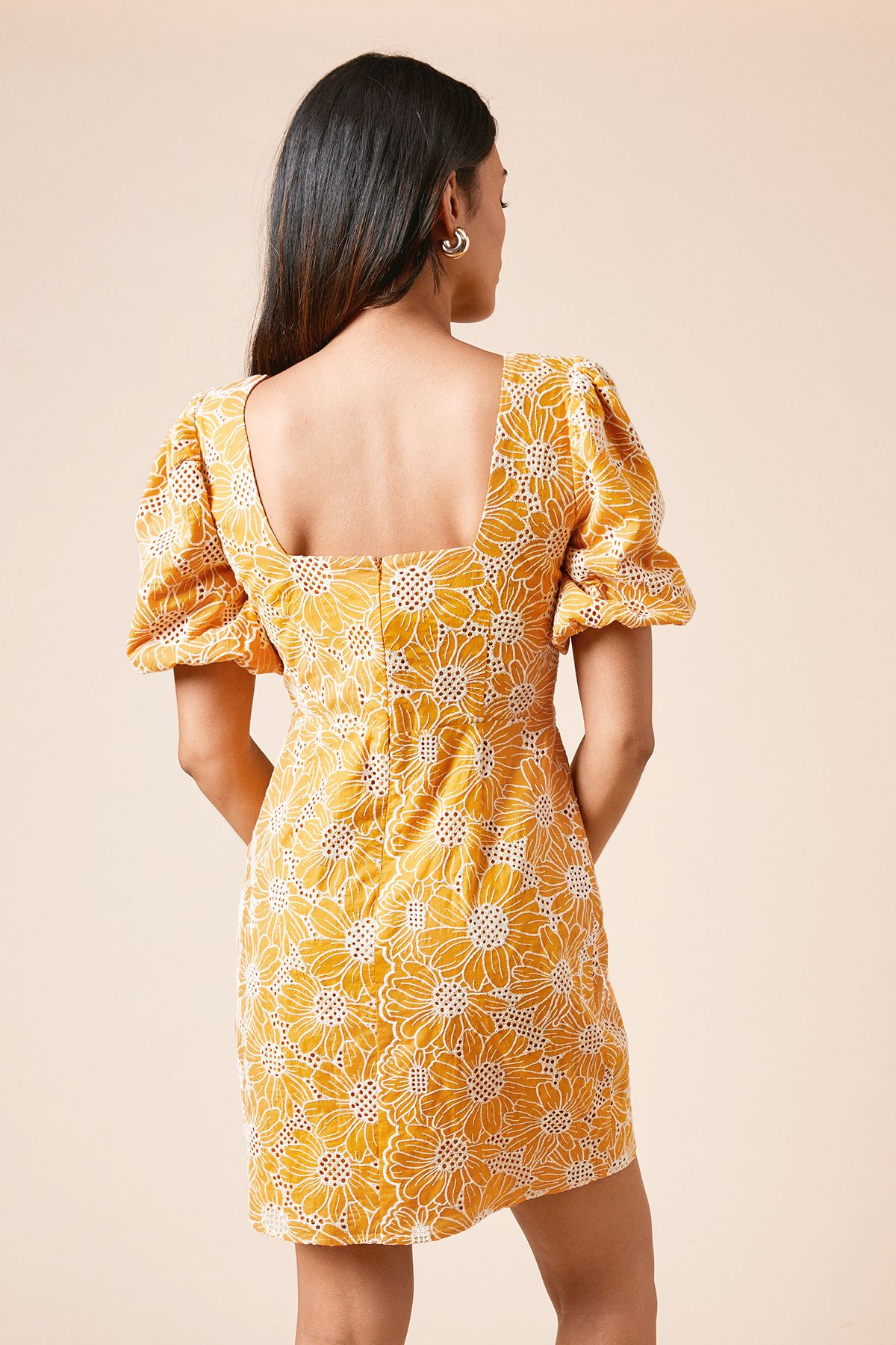 Dorothy Perkins Cutwork Floral Scalloped Edge Mini Dress Ochre image 3