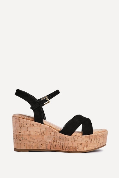 Linzi Vivid Black Faux Suede Crossover Cork Wedge
