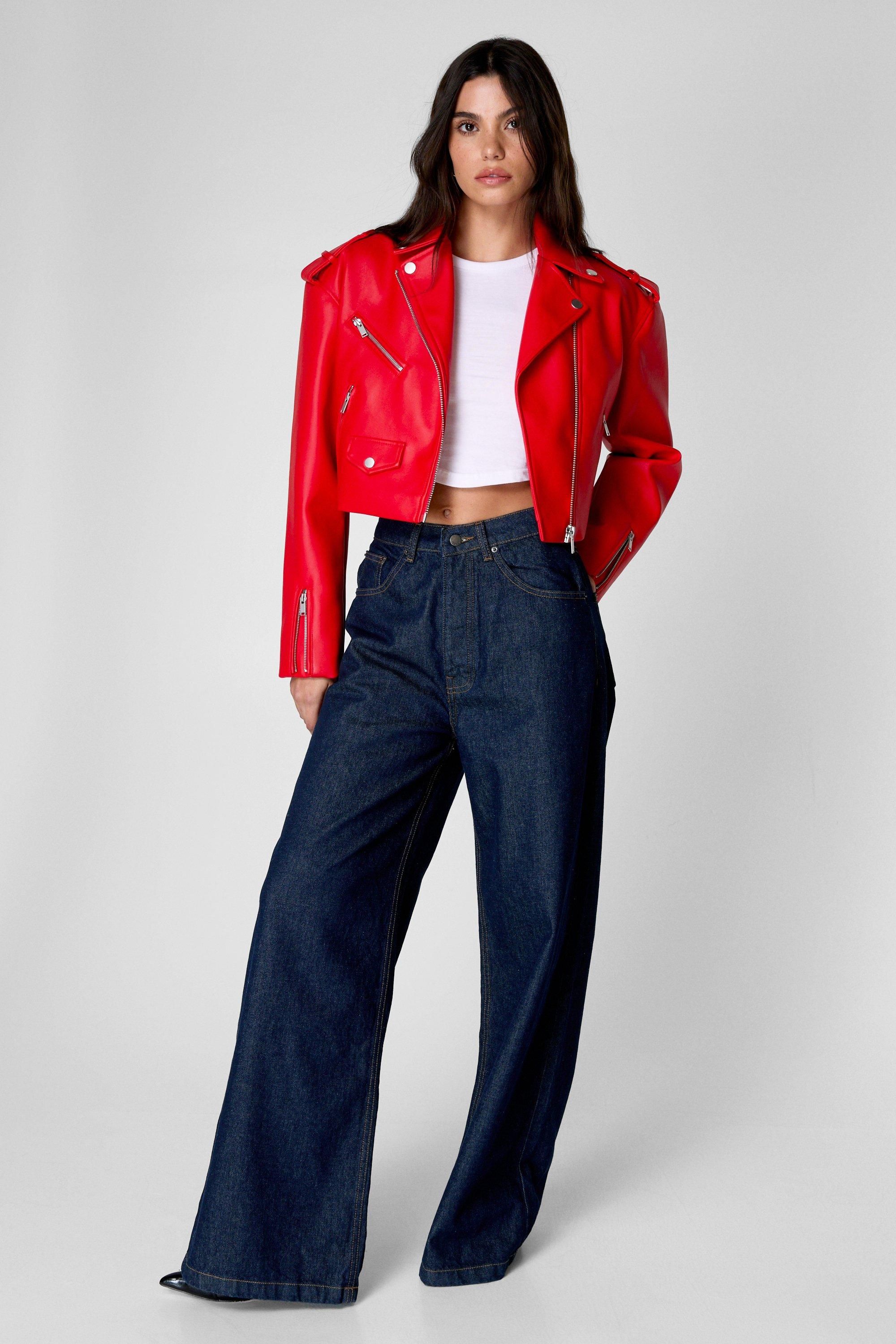 NastyGal Essentials Cropped Faux Leather Boxy Biker Red image 2