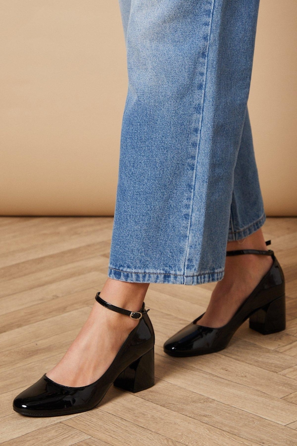 Oasis Venisha Medium Block Heel Ankle Strap Court Shoes True Black
