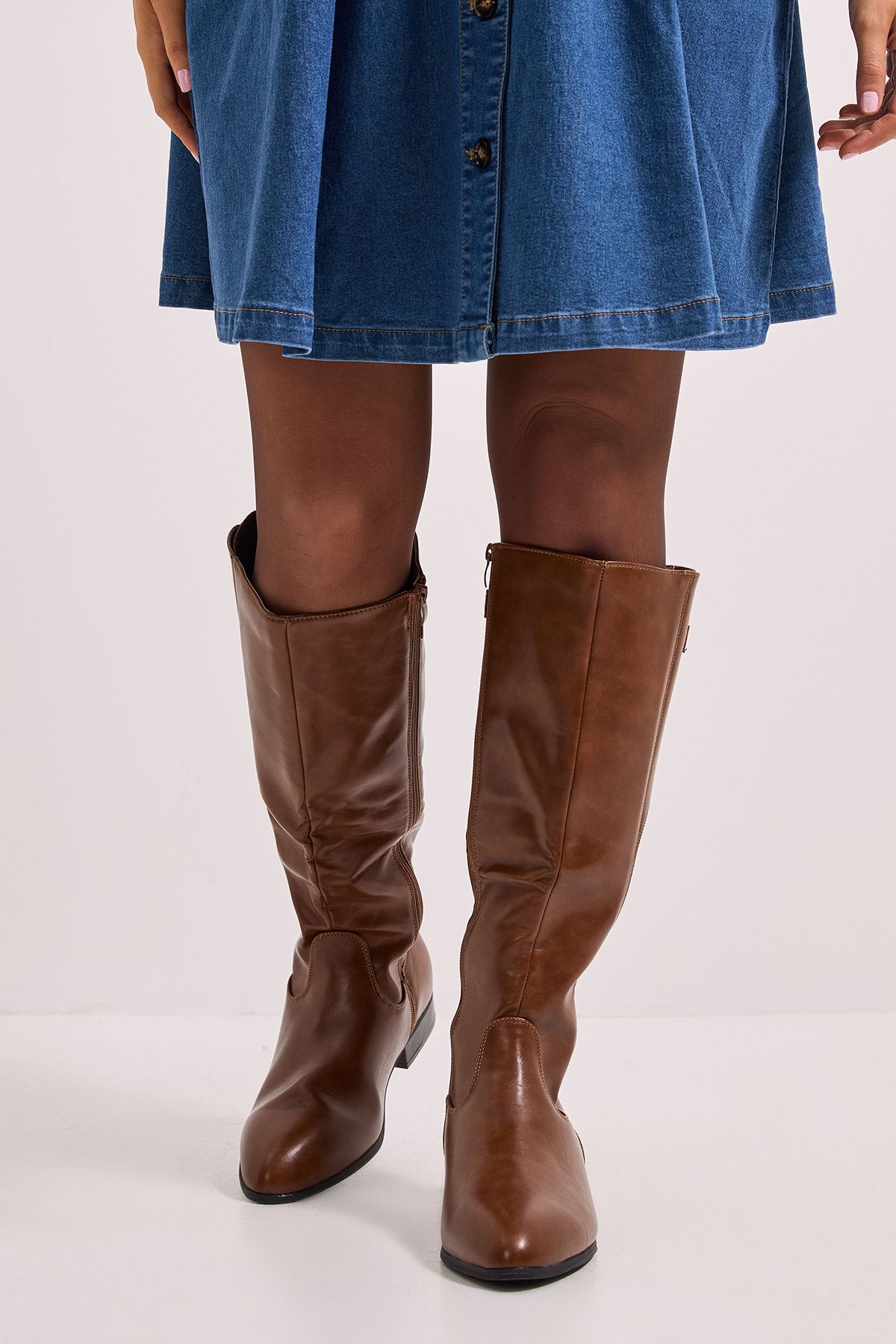 Dorothy Perkins Kamille Faux Leather Elastic Knee High Riding Boots Dark Tan image 2