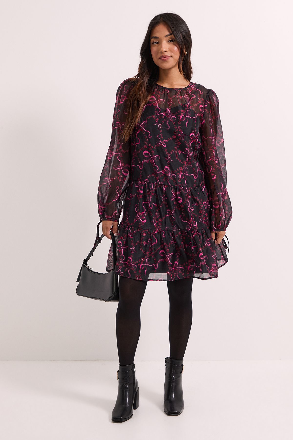 Dorothy Perkins Petite DP Luxe Printed Organza Blouson Sleeve Mini Dress Pink image 2