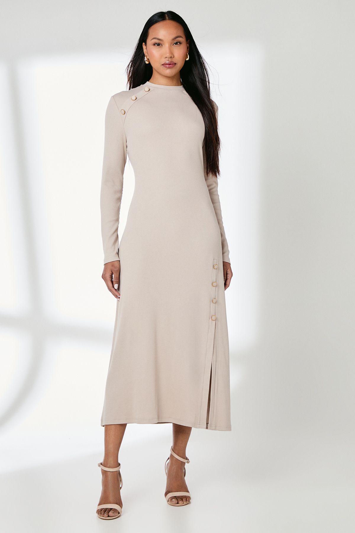 Principles Button Detail Rib Dress Oatmeal image 1