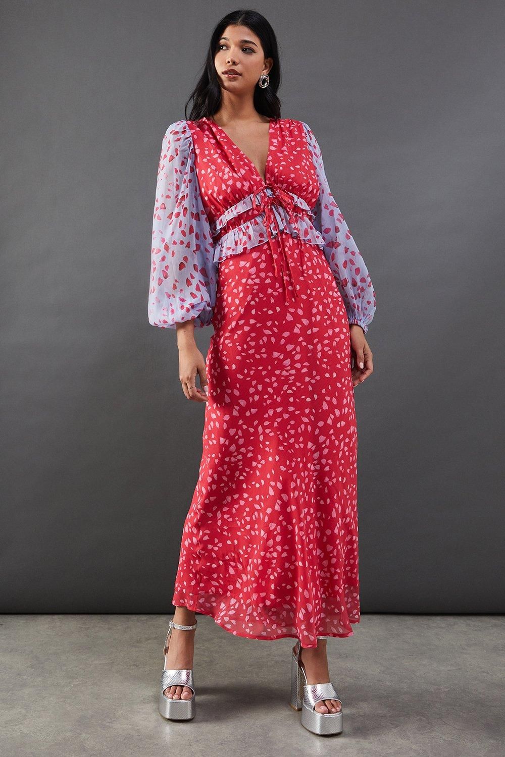 Warehouse Mixed Chiffon Ruffle Midi Tea Dress Red image 1