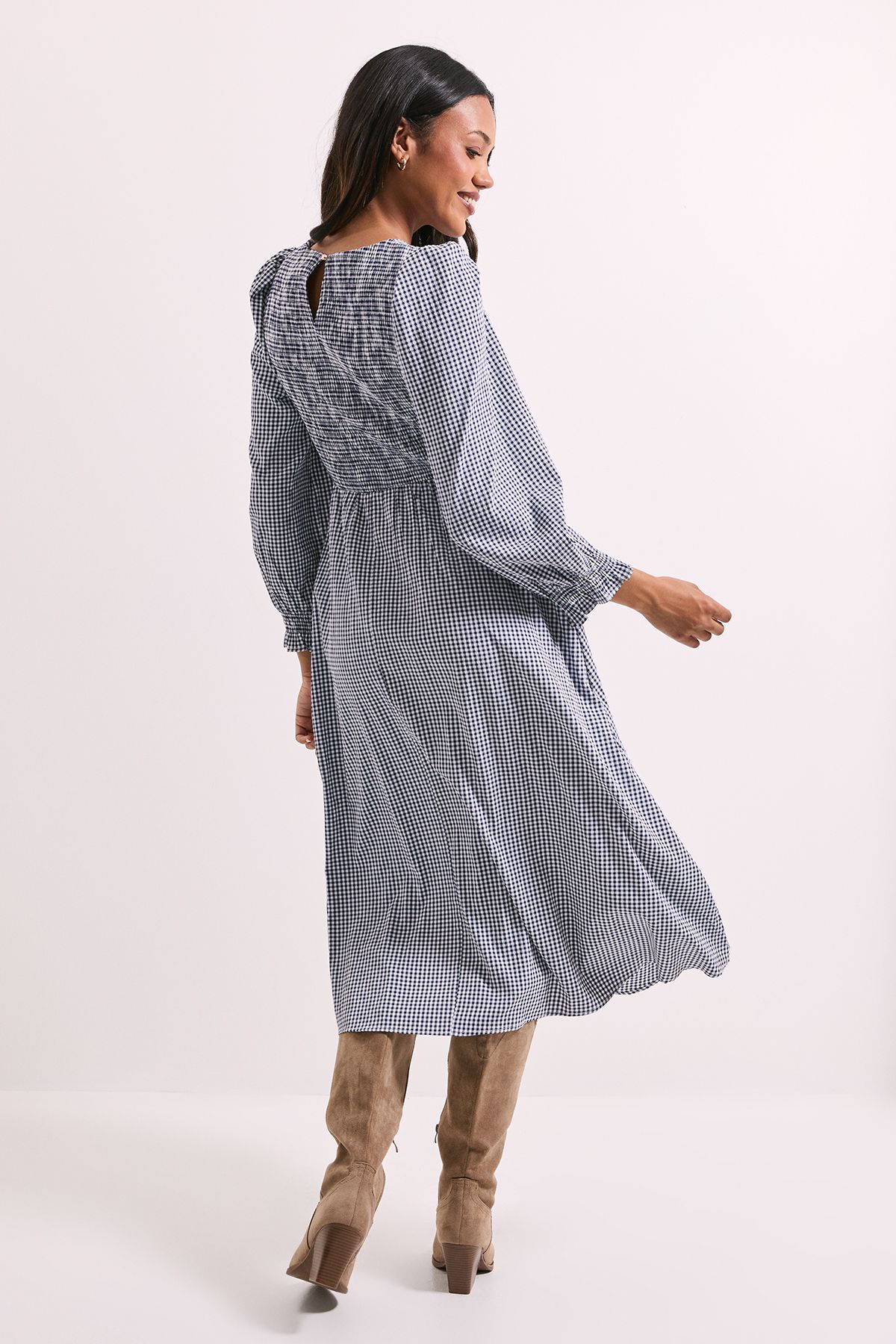 Dorothy Perkins Gingham Shirred Bodice Blouson Sleeve Midi Dress Navy image 3