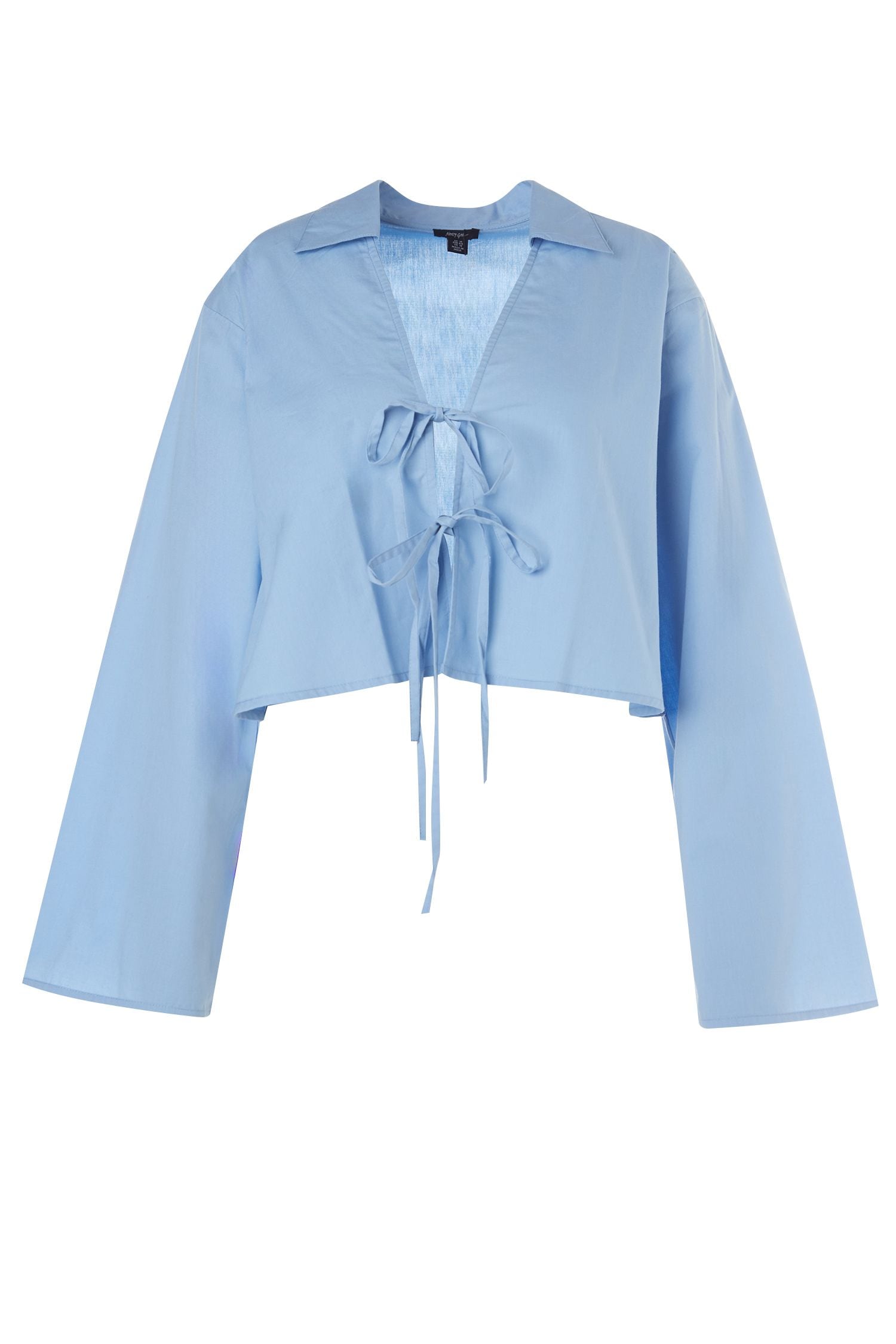 NastyGal Plus Cotton Tie Front Collared Wide Cuff Shirt Blue image 1