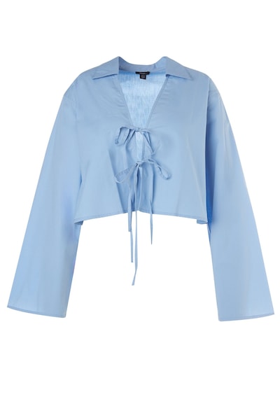 NastyGal Plus Cotton Tie Front Collared Wide Cuff Shirt Blue