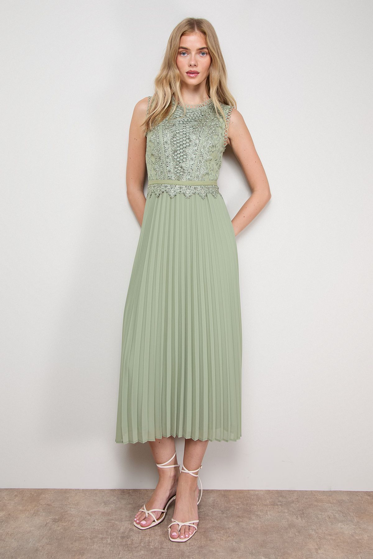 Oasis Lace Trim Detail Pleated Midi Dress Sage image 1