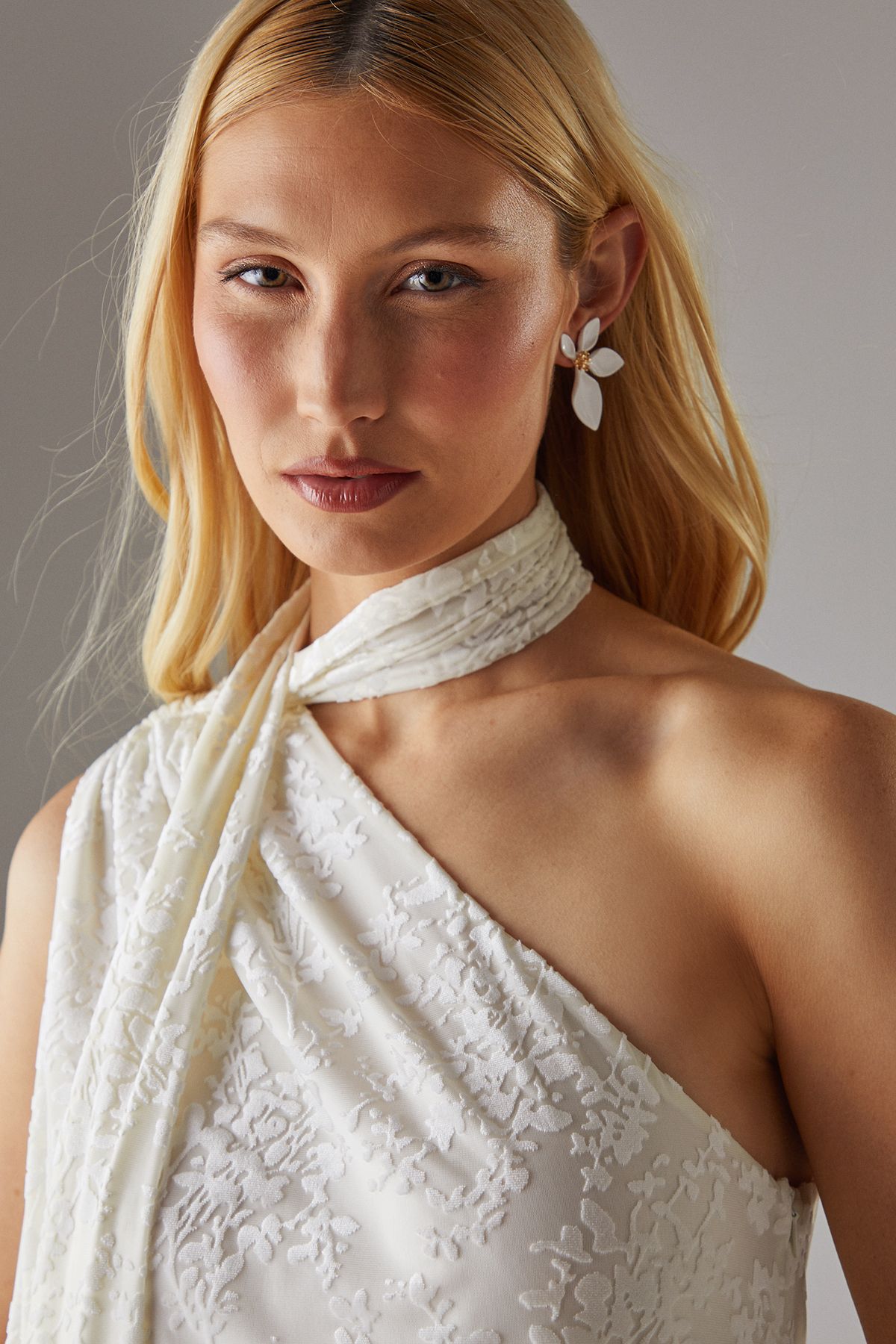 Warehouse Hen Devore One Shoulder Scarf Neck Jumpsuit Ivory image 4