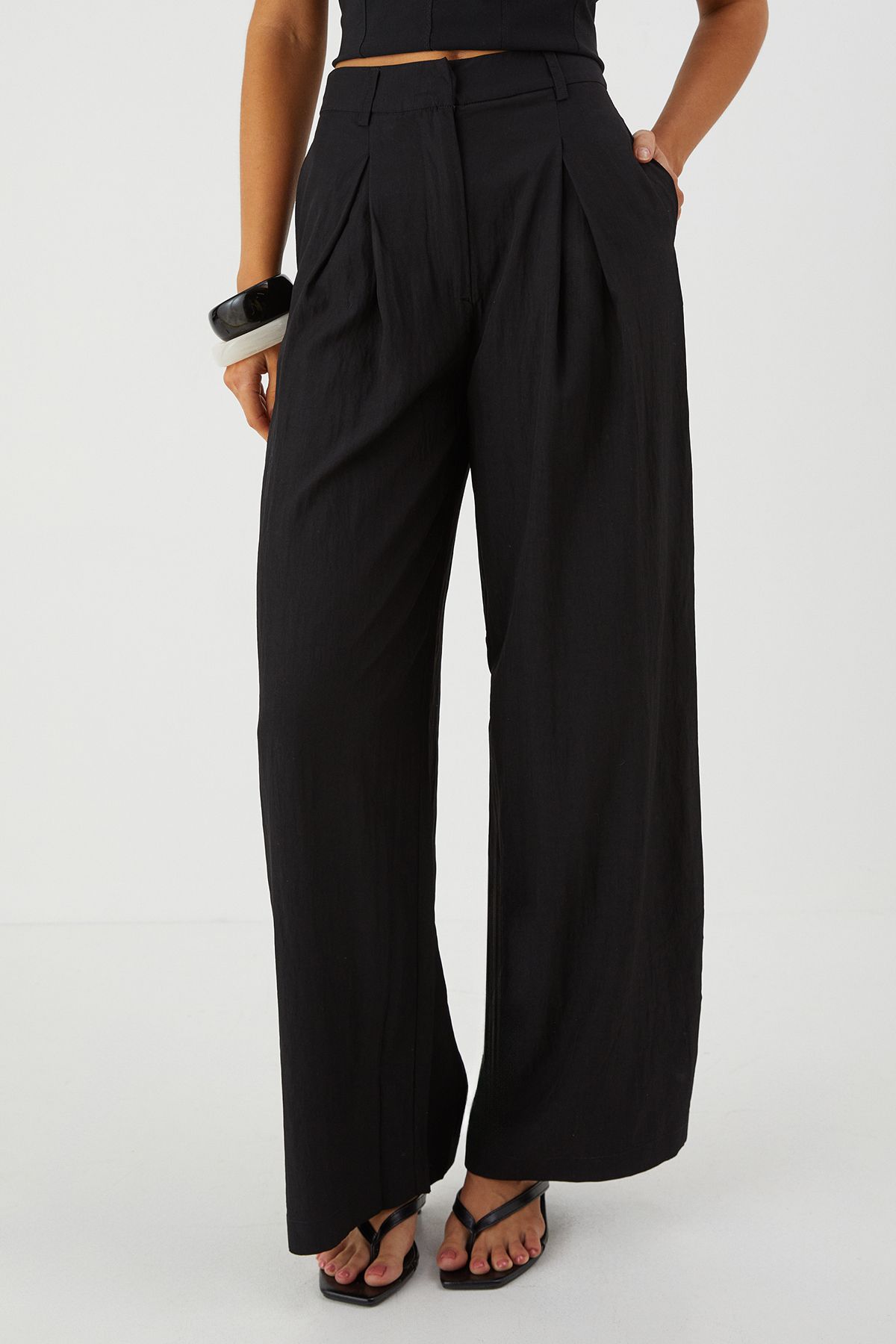 MissPap Crinkle Textured Wide Leg Trousers Black image 2
