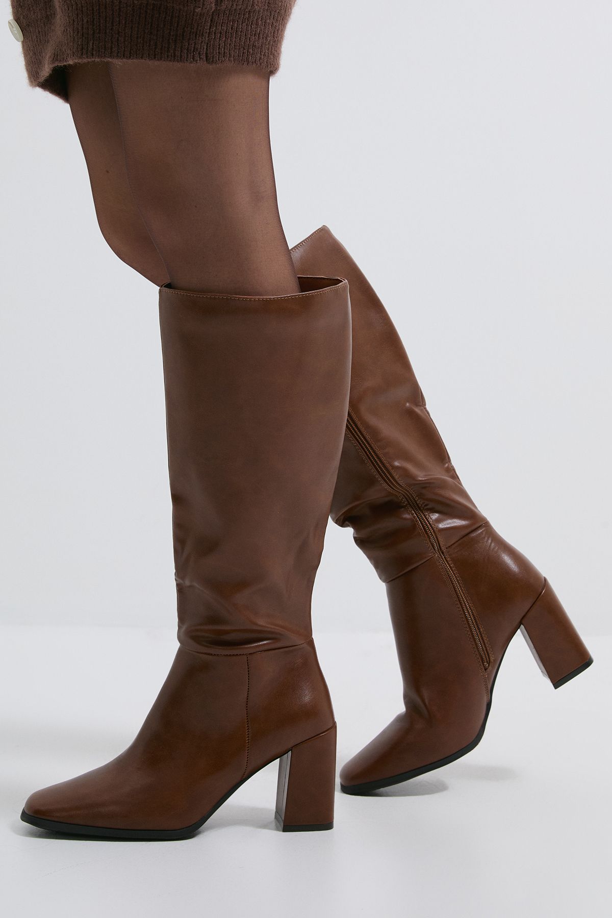 Dorothy Perkins Kristen Faux Leather Square Toe High Heel Knee Boots Dark Tan image 1