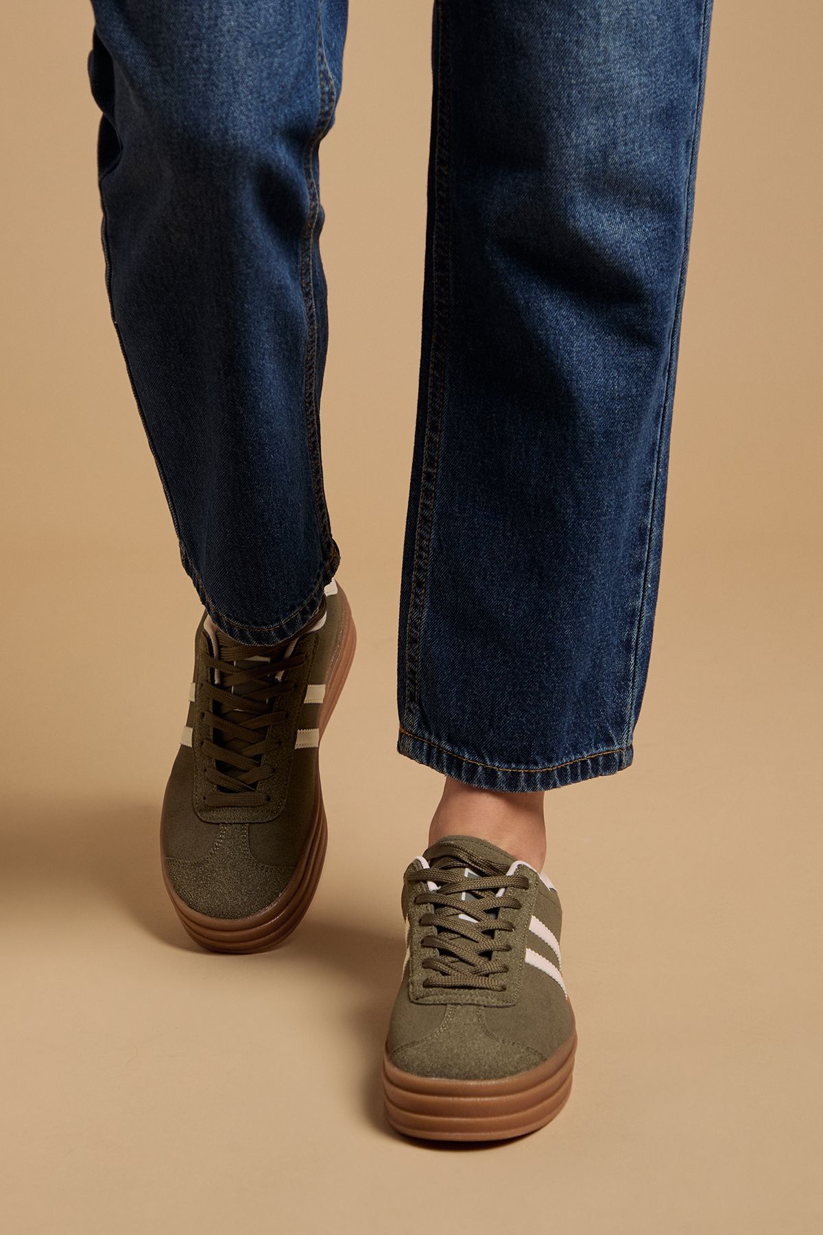 Oasis Issie Faux Suede Lace Up Platform Trainers Khaki image 2