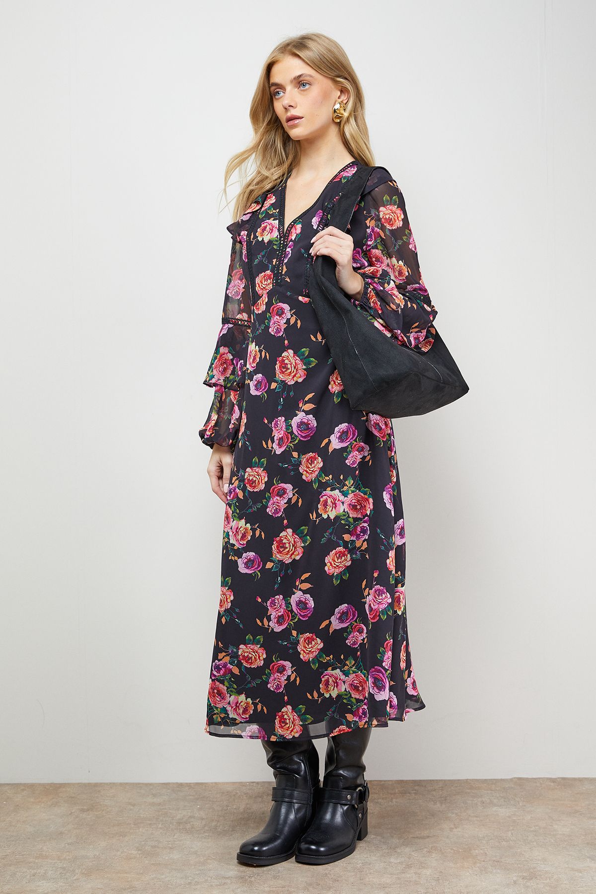 Oasis Printed Trim Detail Frill Shoulder Midi Tea Dress Floral