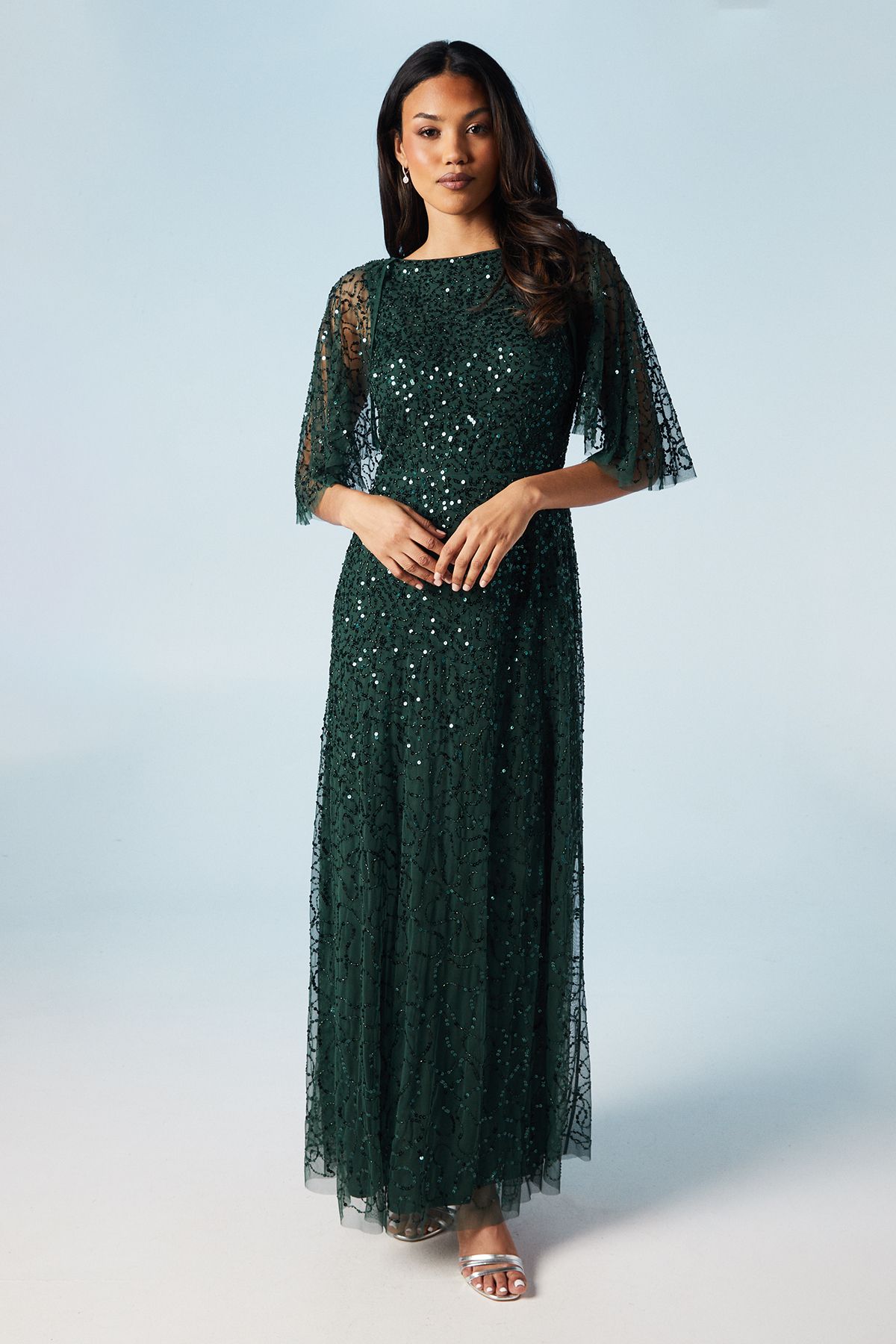 Coast Cape Sleeve All Over Sequin Bridesmaid Dress Emerald image 1