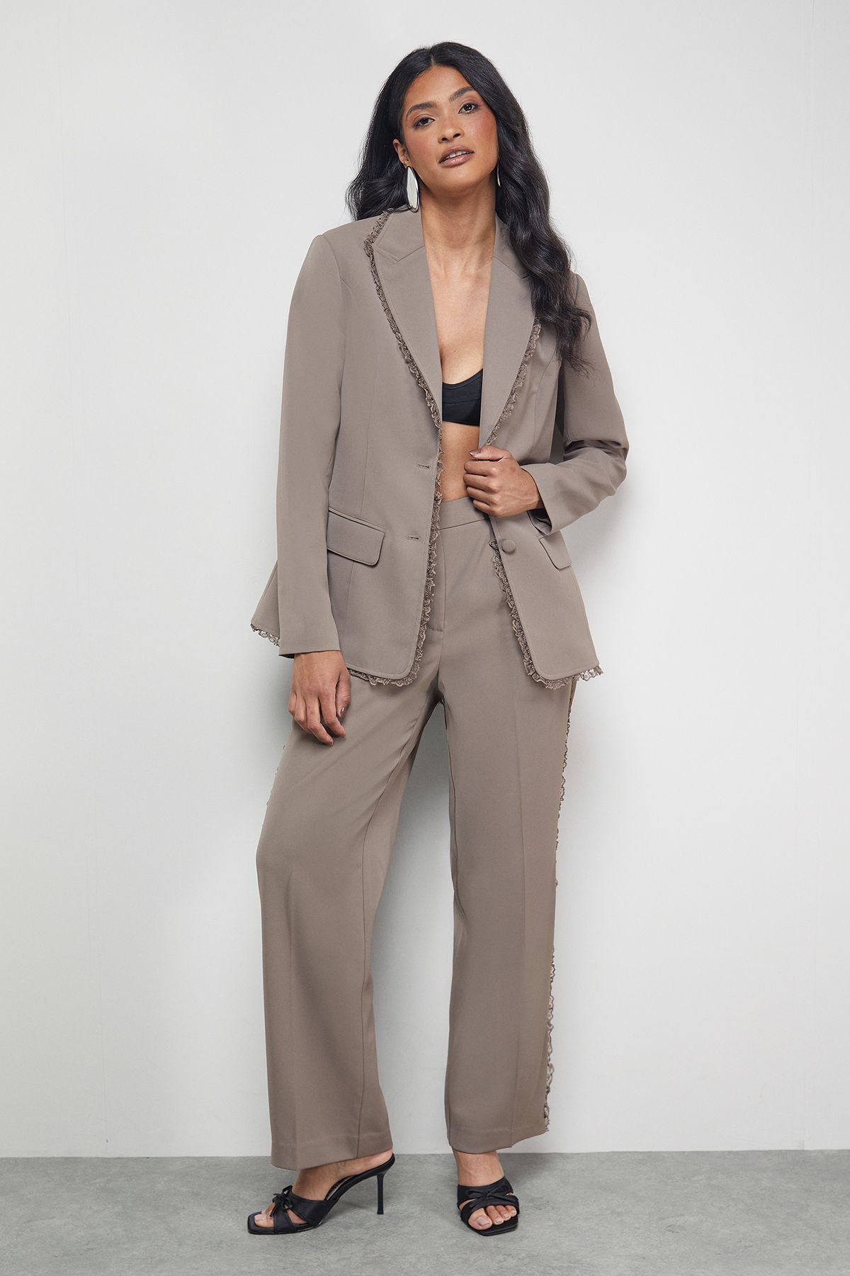 Warehouse Lace Frill Trim Wide Leg Trouser Mocha