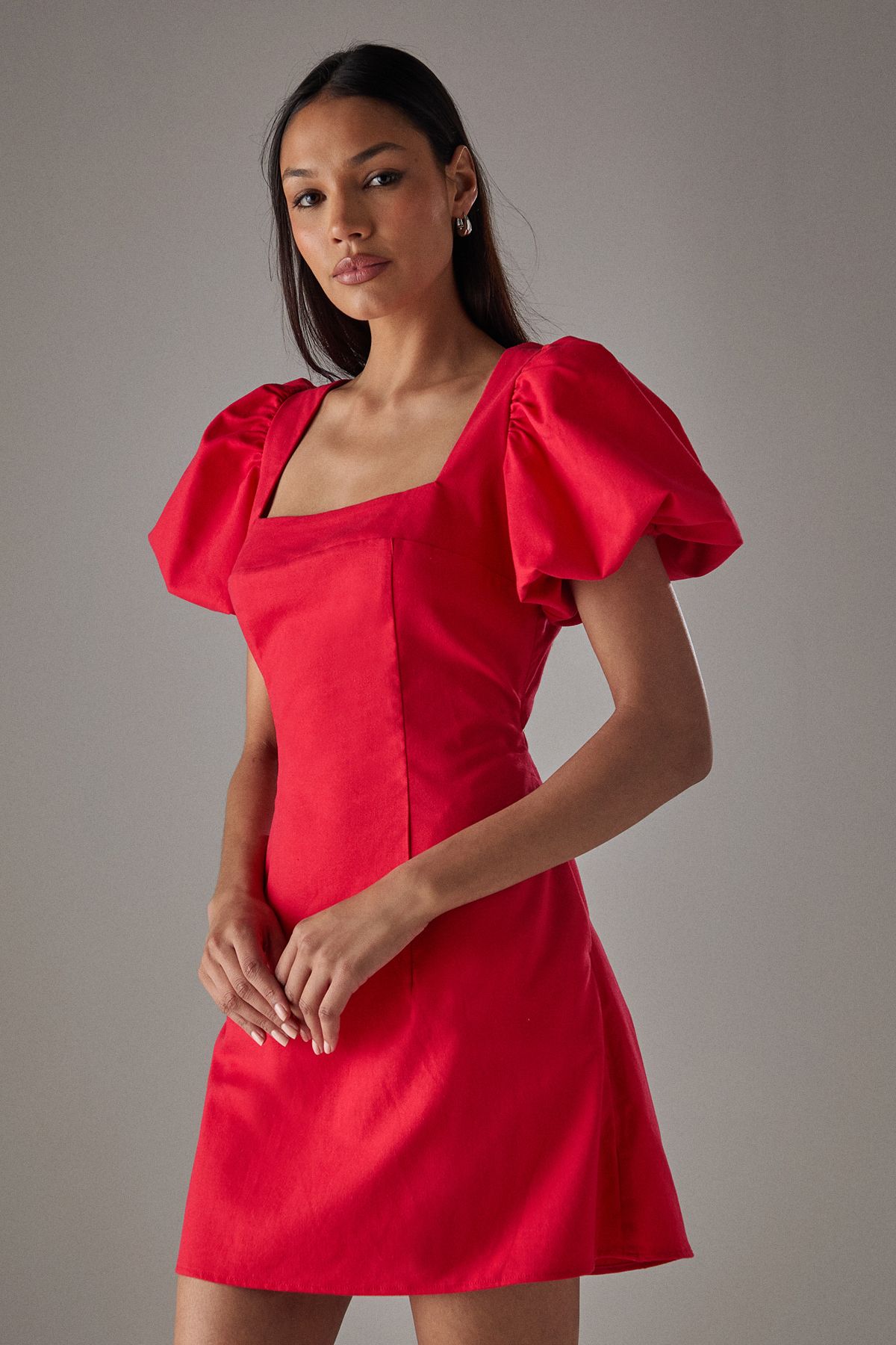 Warehouse HCD Linen Square Neck Puff Sleeve Mini Dress Red image 1