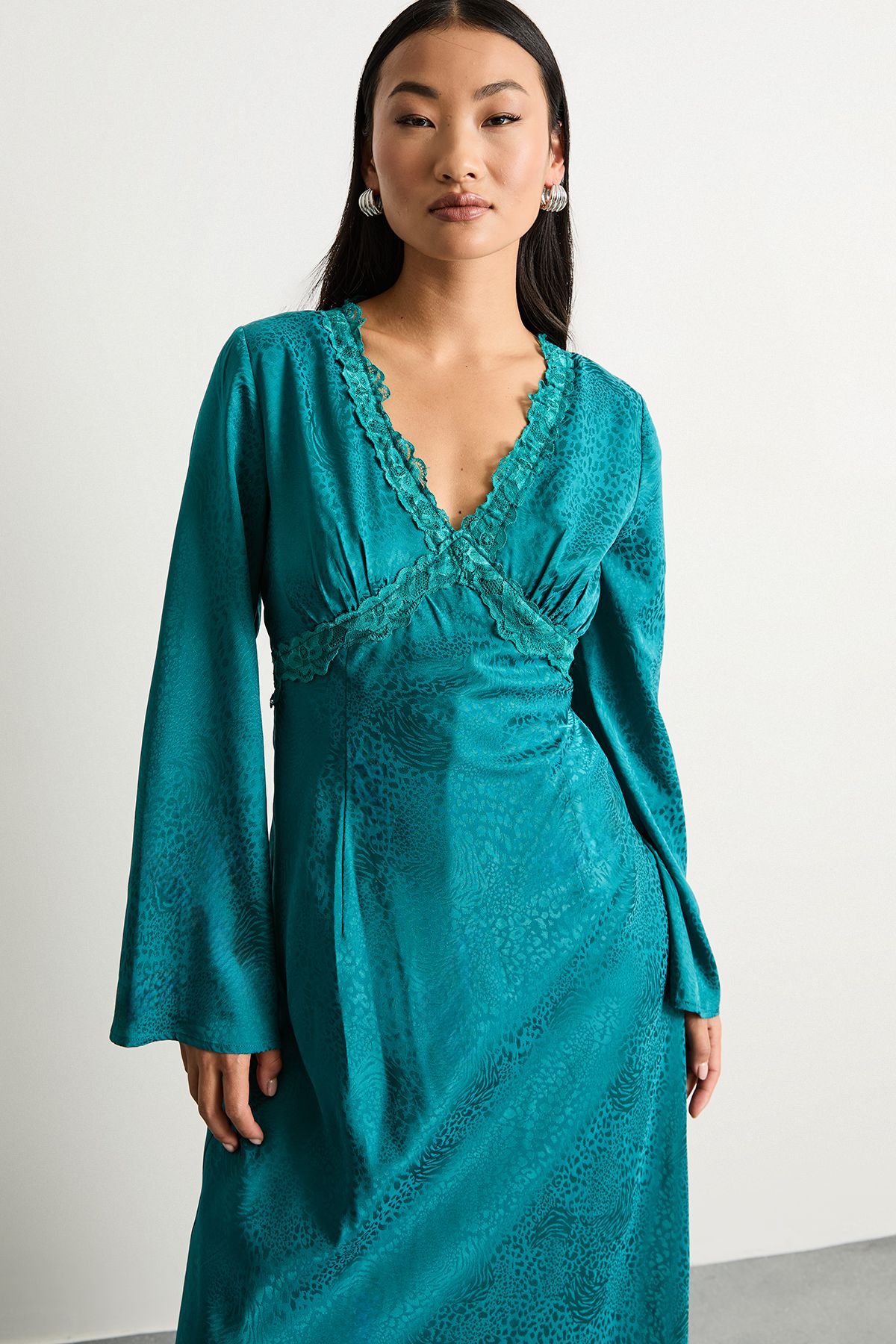 Warehouse Petite Satin Jacquard Lace Insert Godet Midi Dress Teal image 4