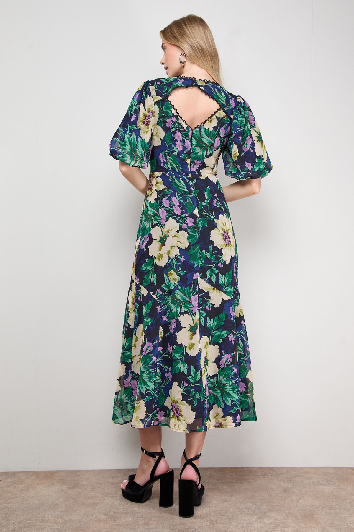 Oasis Puff Sleeve Trim Detail Panelled Tea Dress Navy image 3