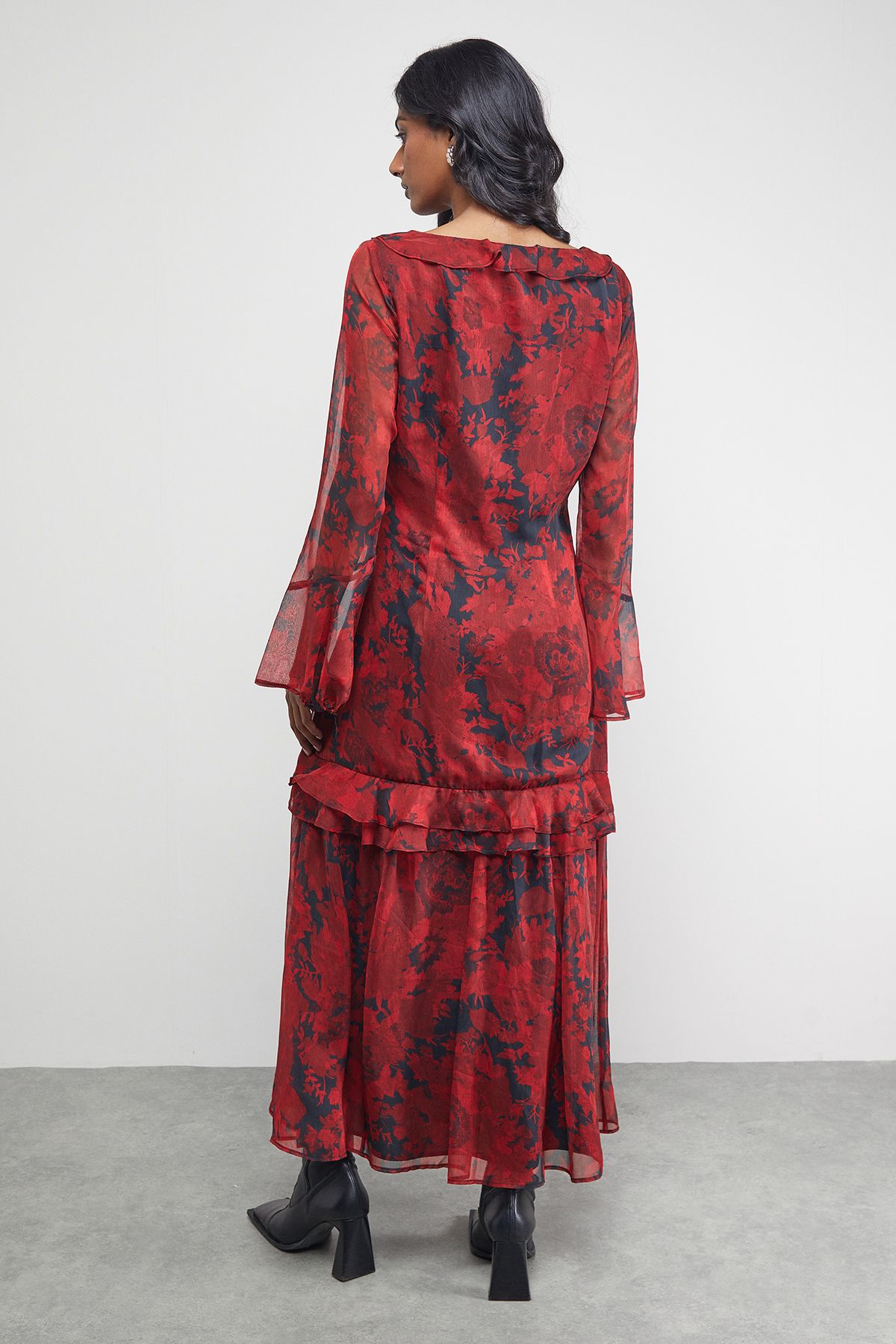 Warehouse Chiffon Ruffle Gathered Bodice Midi Dress Red image 3