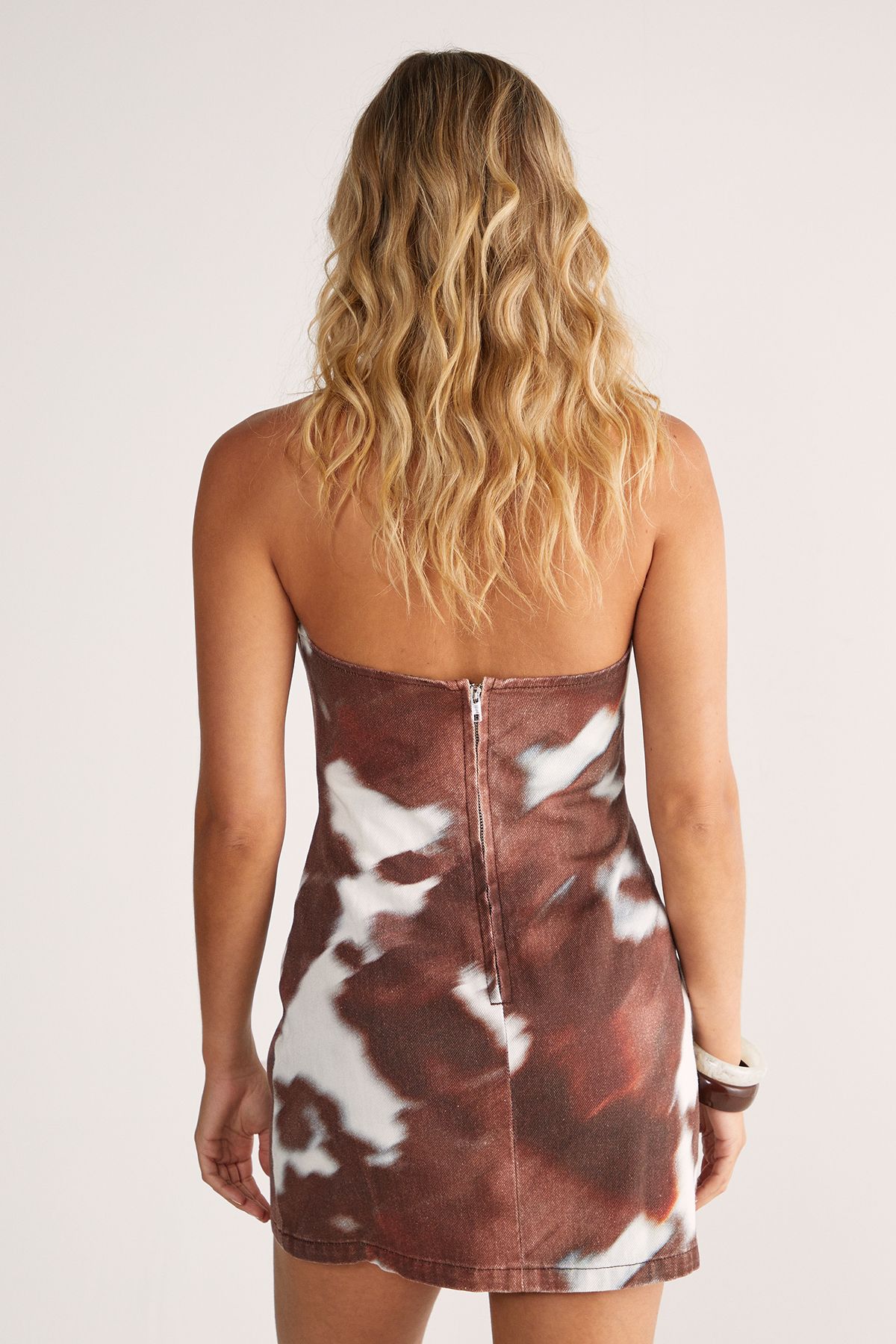 NastyGal Animal Cow Print Denim Cut Out Mini Dress Chocolate image 4
