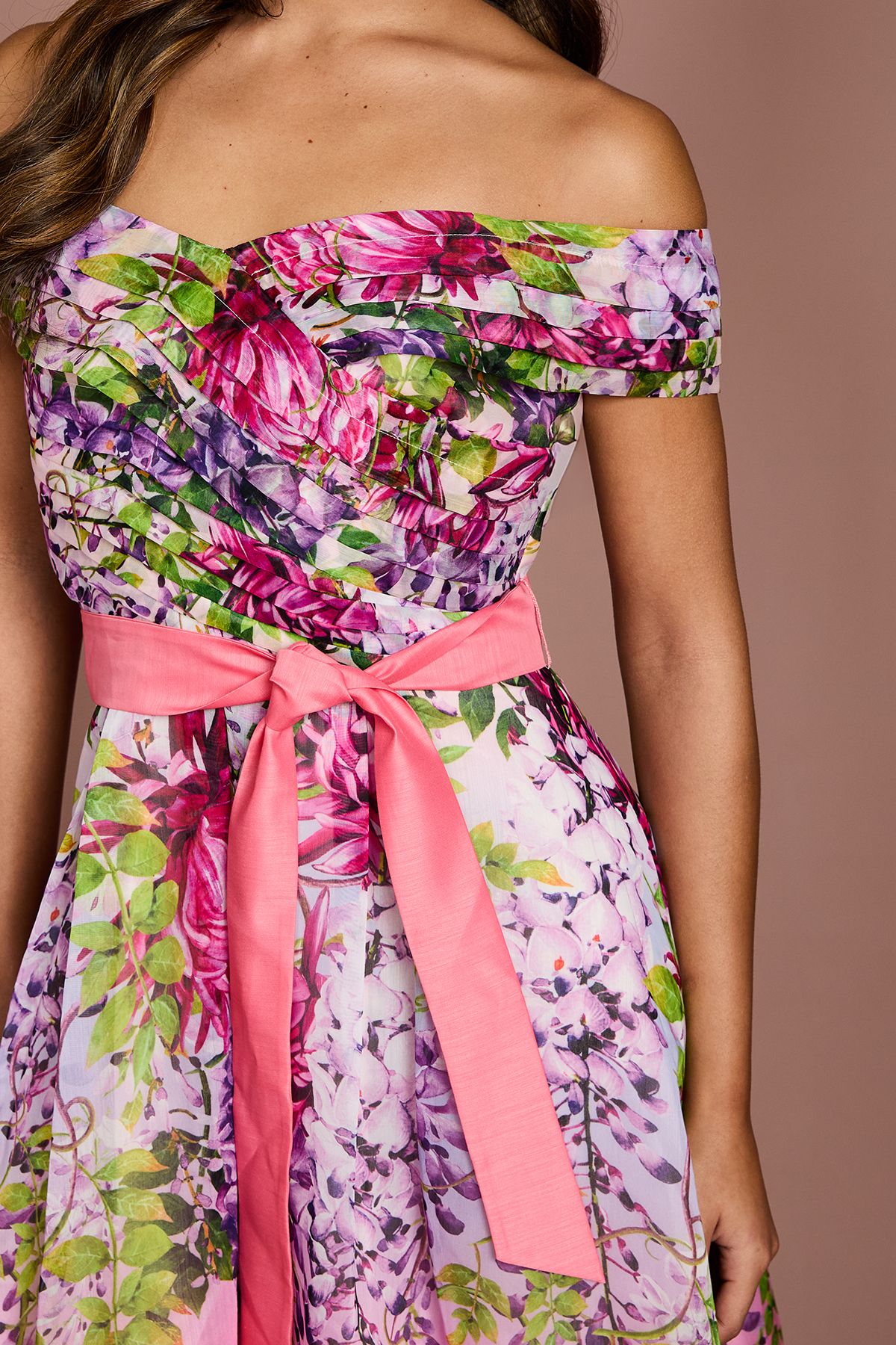 Coast Bardot Pleated Floral Printed Midi Dress Pink image 4