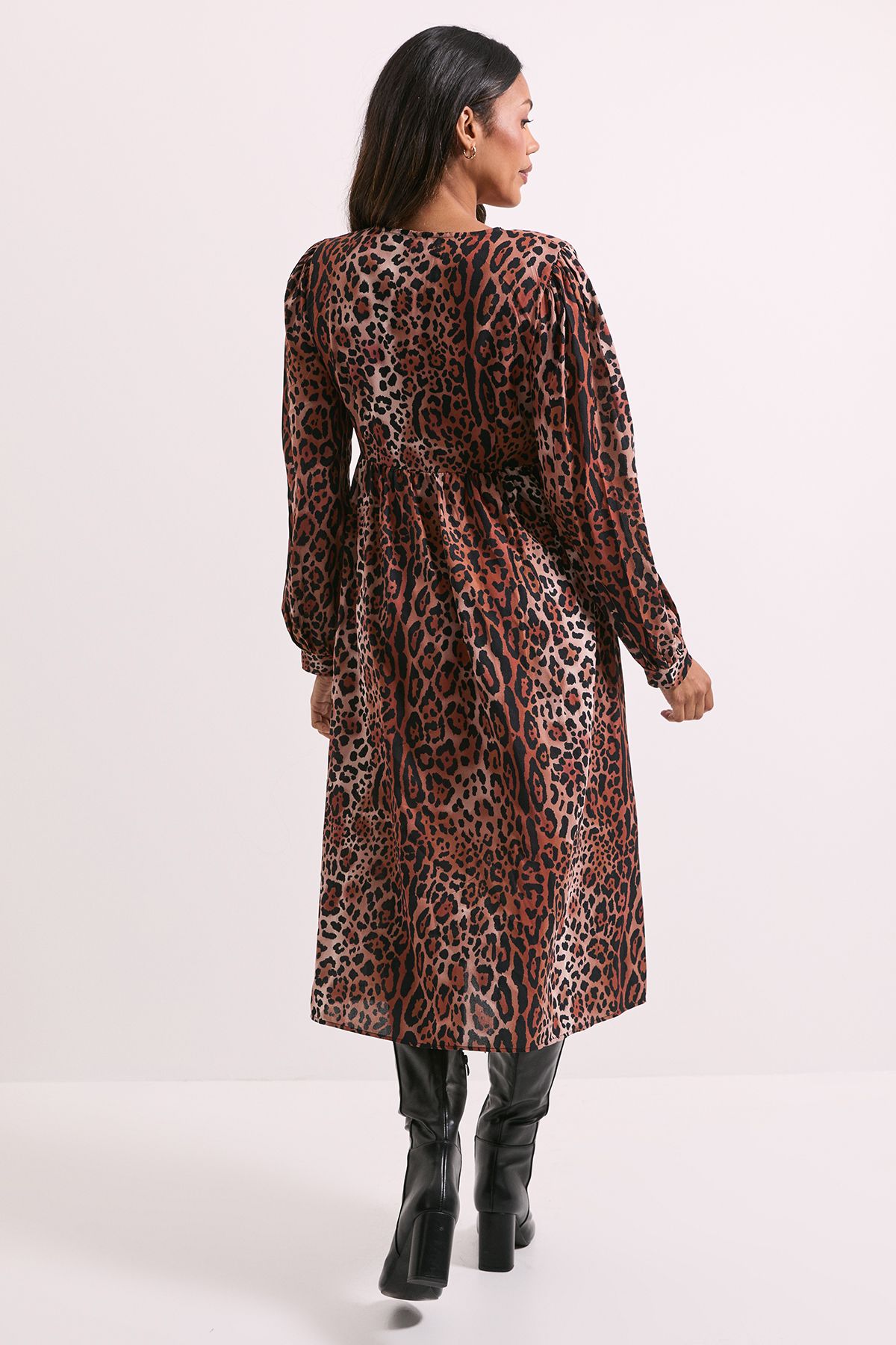 Dorothy Perkins Leopard Animal Bow Front Blouson Sleeve Printed Midi Dress Multi image 3