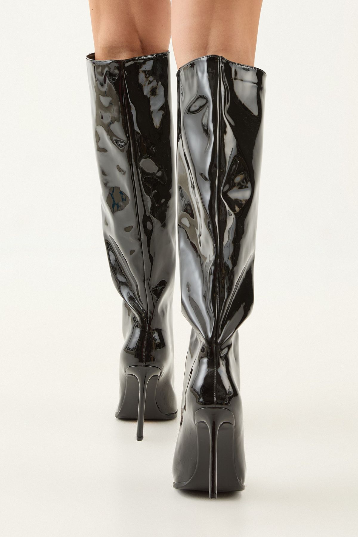 MissPap Faux Patent High Flared Stiletto Heel Knee Boots True Black image 3