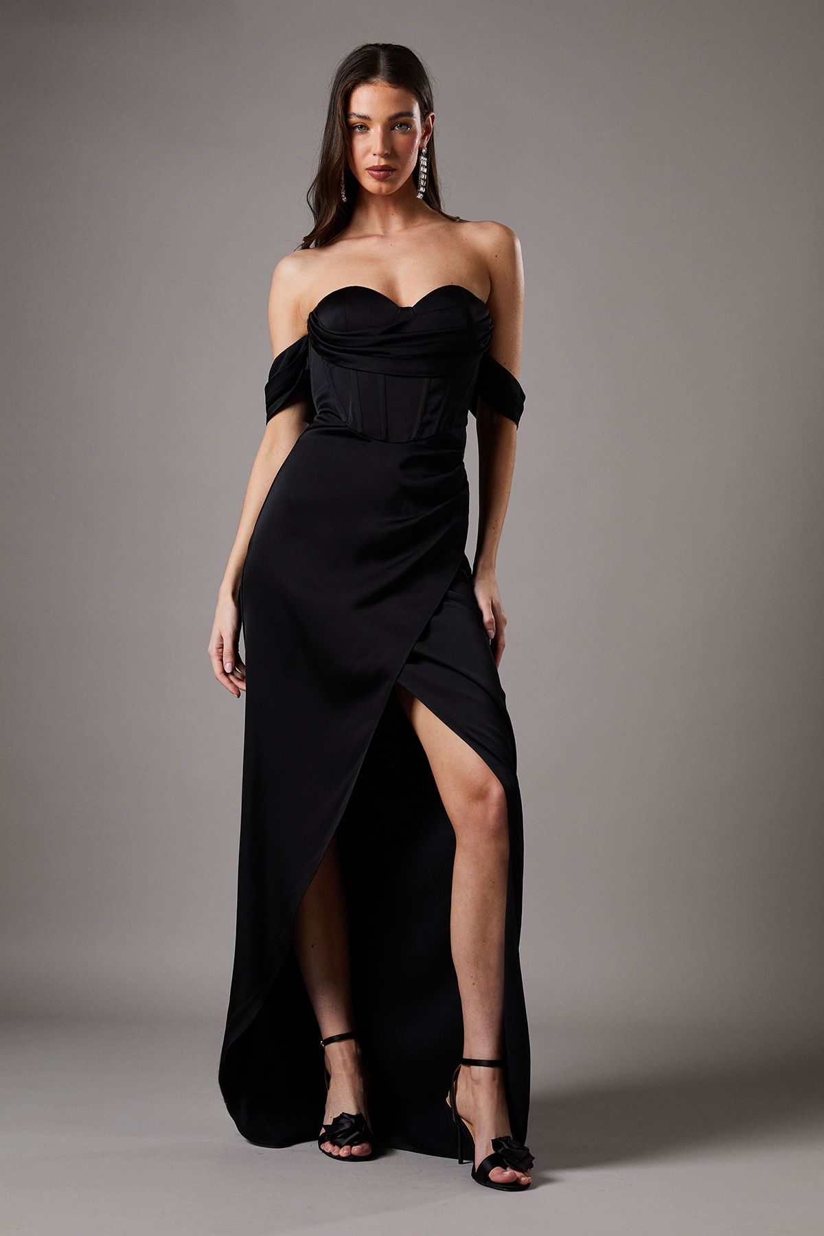 Coast Draped Bardot Corset Satin Black Maxi Dress Black image 1