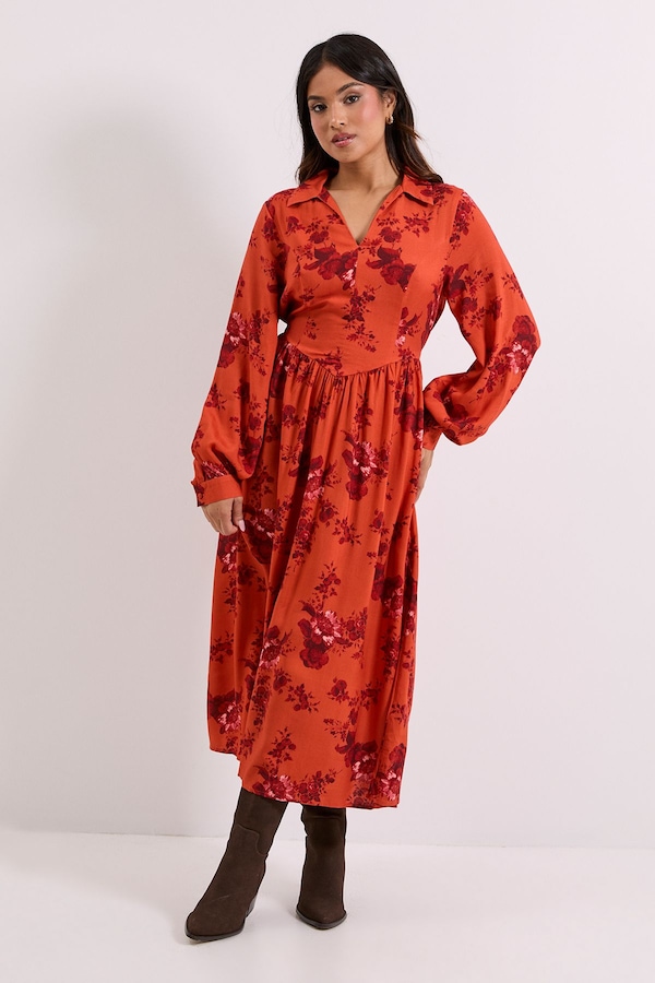 Dorothy Perkins Petite Seam Detail Collared Blouson Sleeve Printed Midi Dress Rust