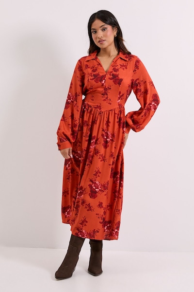 Dorothy Perkins Petite Seam Detail Collared Blouson Sleeve Printed Midi Dress Rust