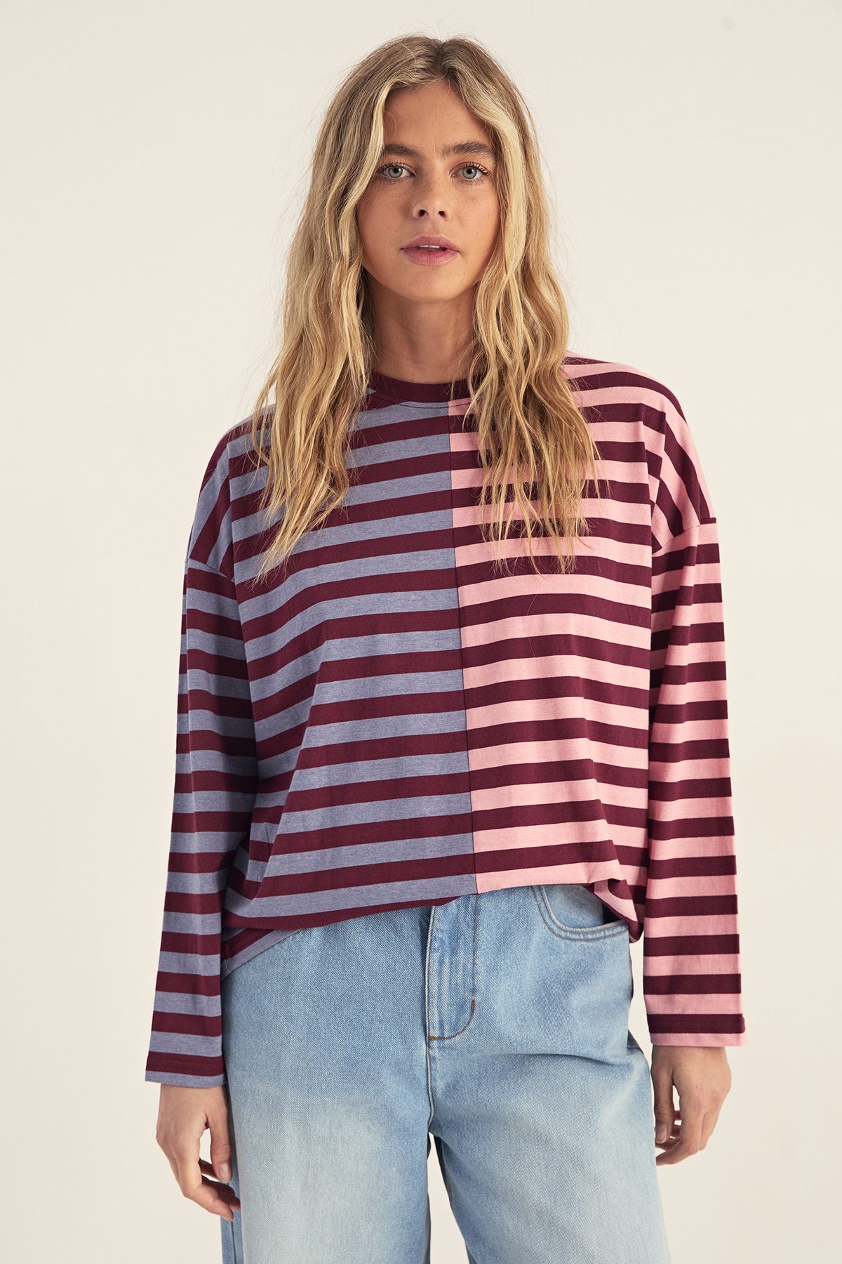NastyGal Splice Stripe Long Sleeve Oversized T-Shirt Burgundy