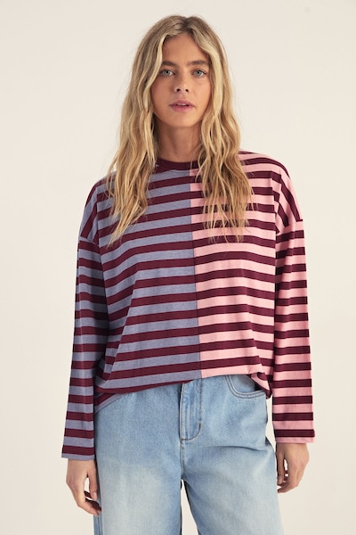 NastyGal Splice Stripe Long Sleeve Oversized T-Shirt Burgundy