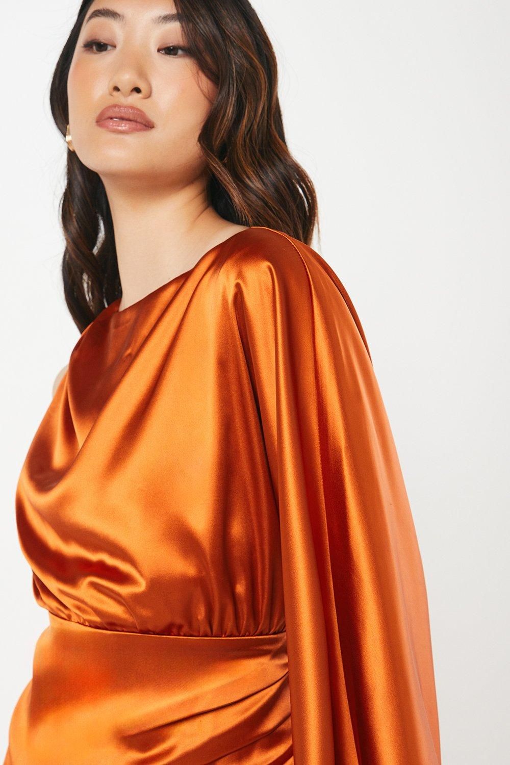 Coast Satin One Shoulder Midi Wedding Guest Dress Burnt Orange image 2