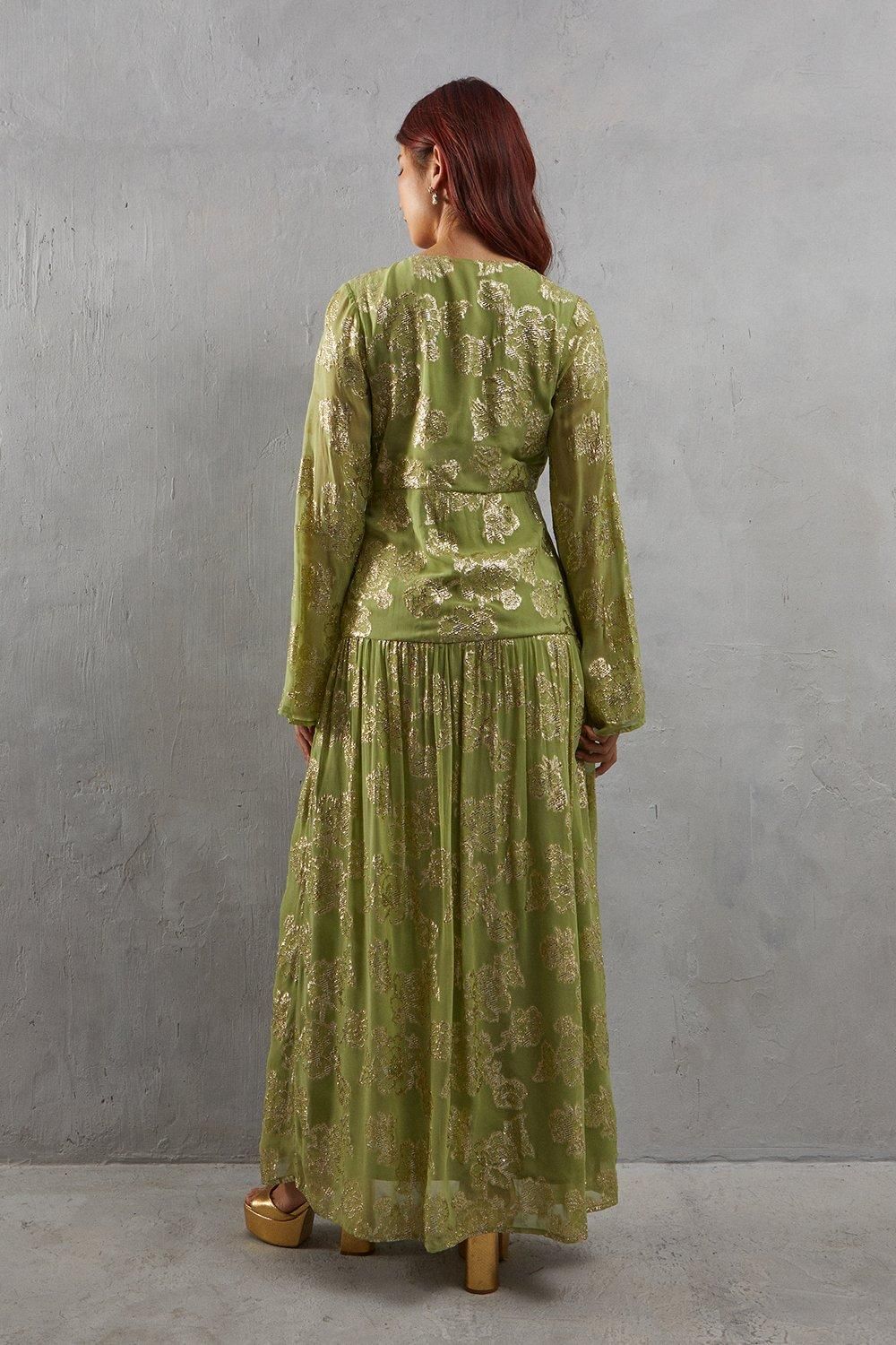 Warehouse Metallic V Plunge Maxi Dress Lime image 3